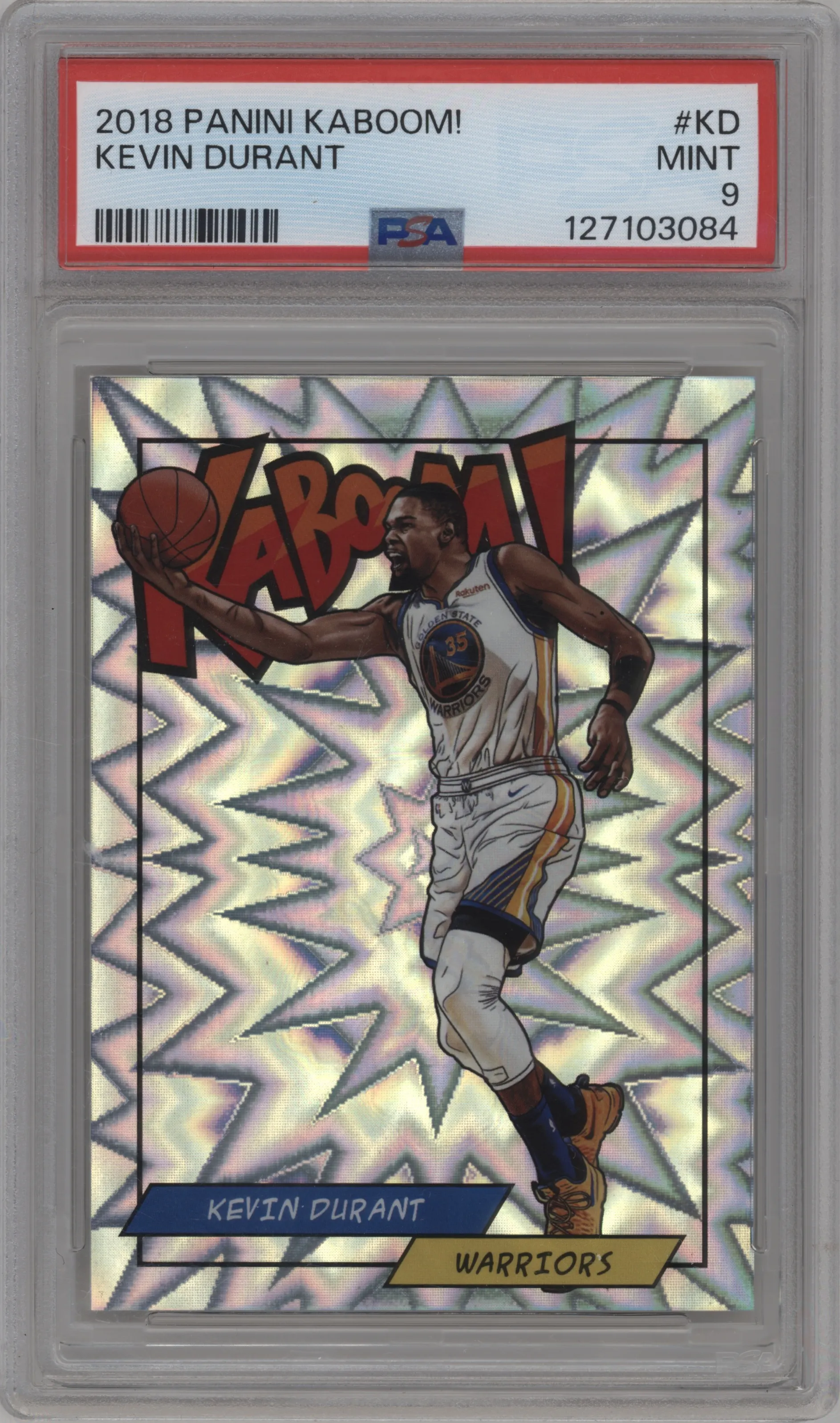 Kevin Durant from the 2018 Panini Kaboom Rewards Multi-Sport set graded by PSA and given an overall grade of 9.