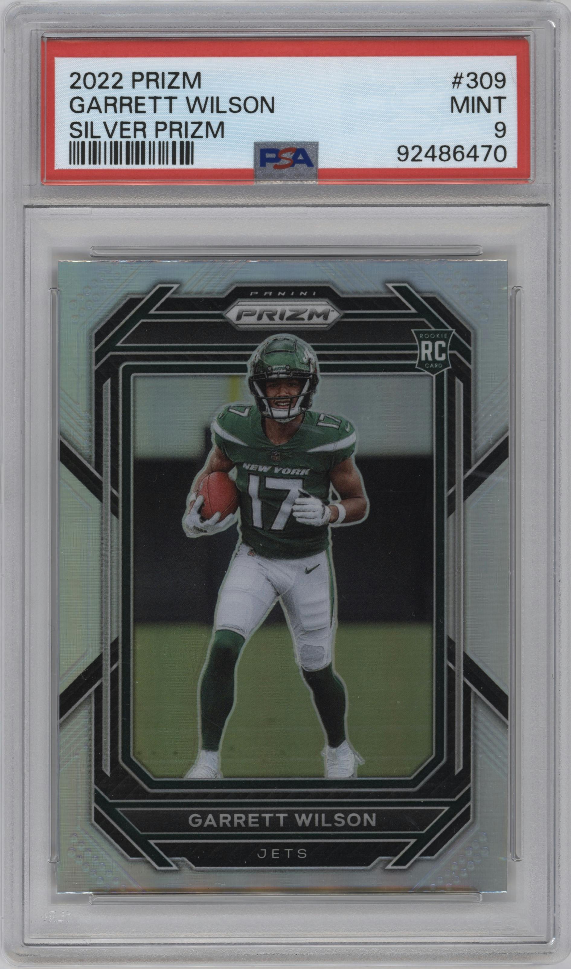 Garrett Wilson from the 2022 Panini Prizm set featuring a Silver Prizm parallel graded by PSA and given an overall grade of 9.