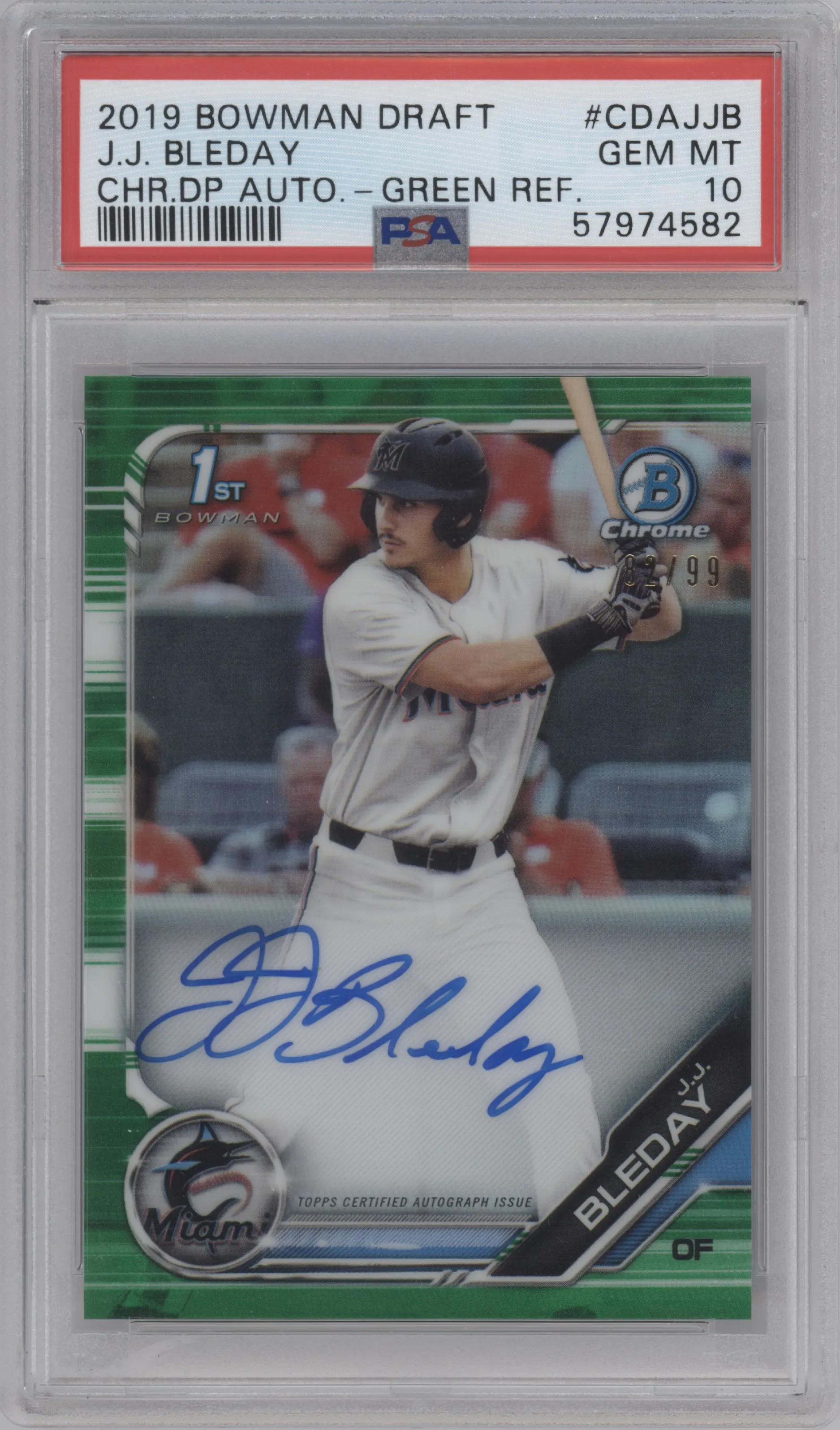 J.J. Bleday from the 2019 Bowman Draft set featuring a Green Refractor parallel graded by PSA and given an overall grade of 10.