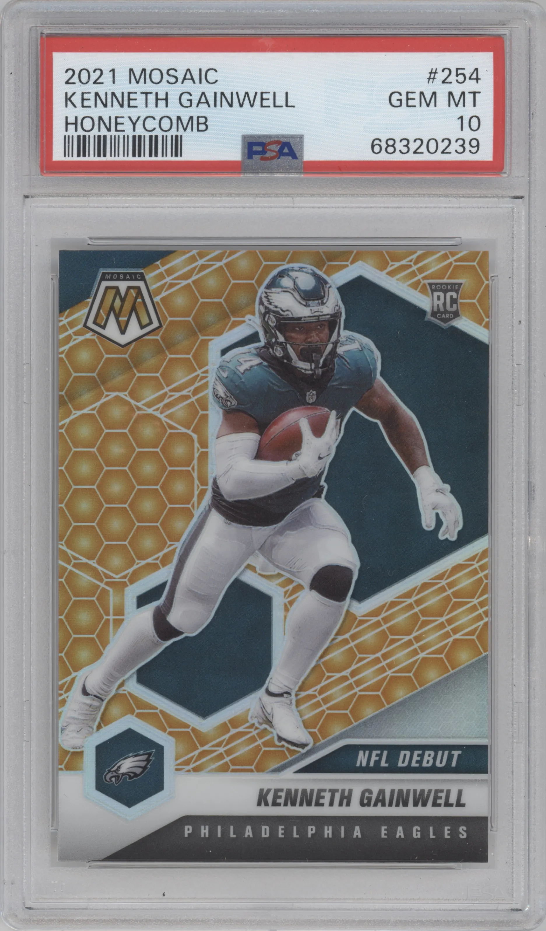 Kenneth Gainwell from the 2021 Panini Mosaic set featuring a Honeycomb parallel graded by PSA and given an overall grade of 10.