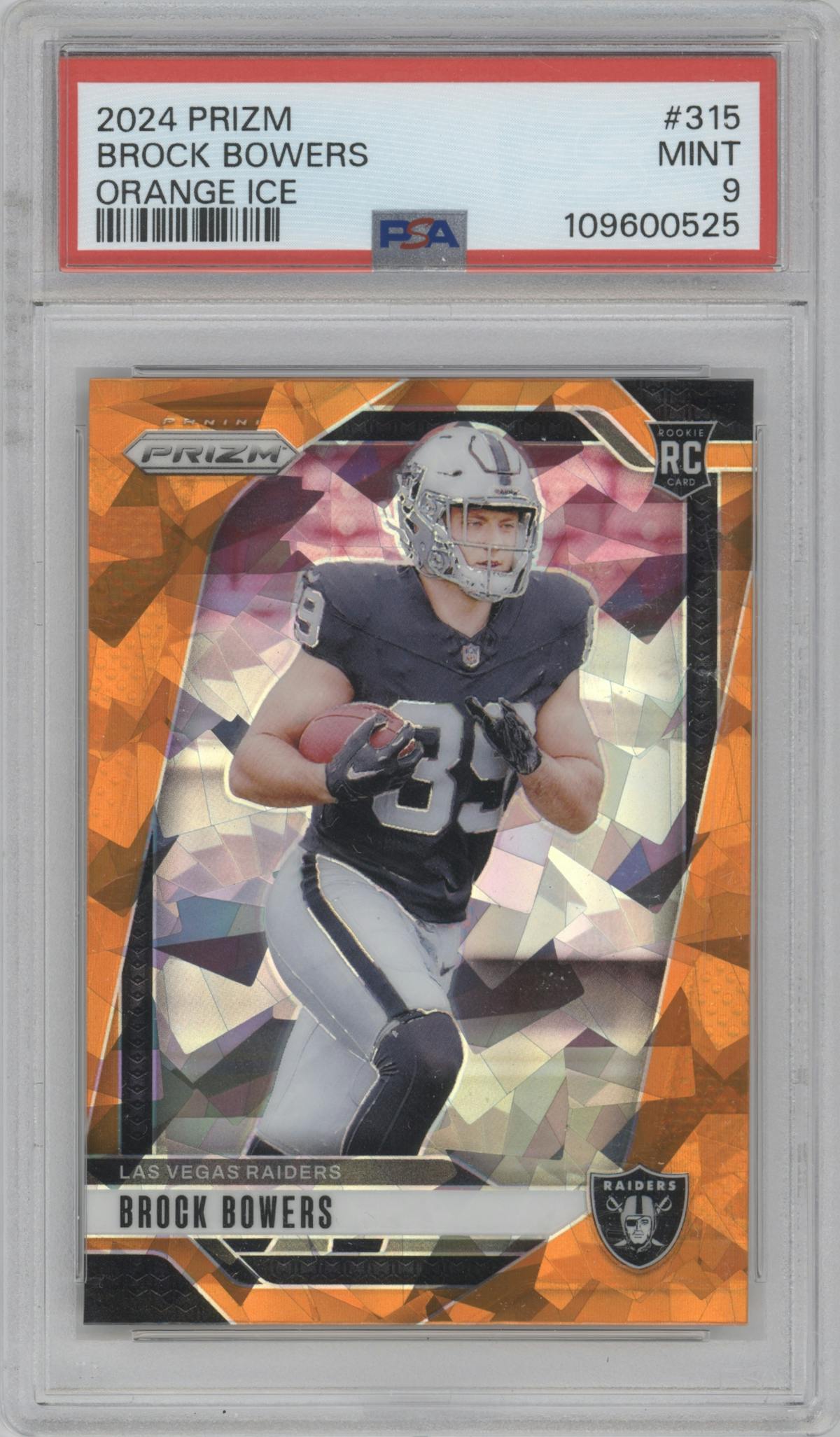 Brock Bowers from the 2024 Panini Prizm set featuring a Orange Ice parallel graded by PSA and given an overall grade of 9.