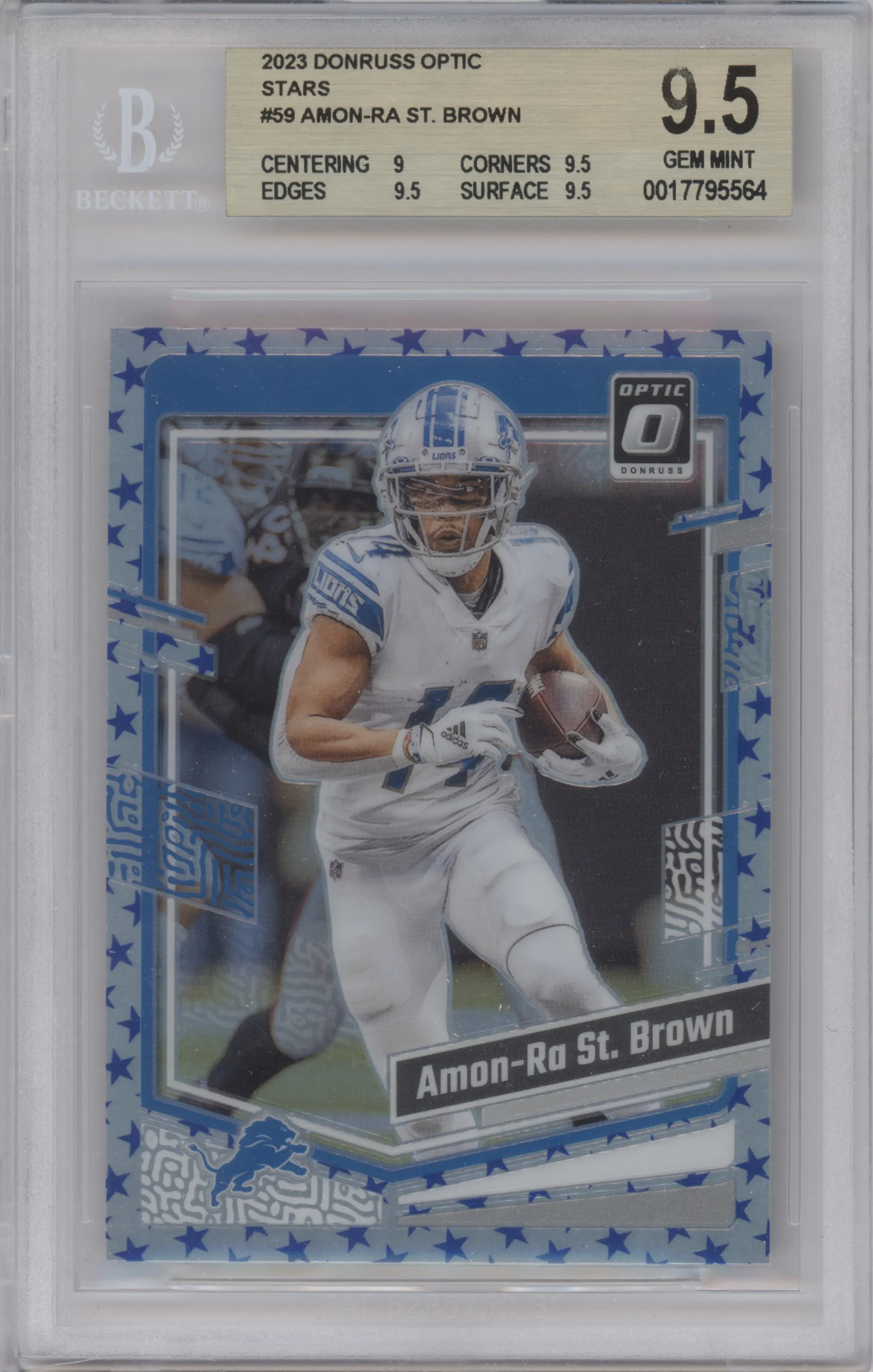 Amon-Ra St. Brown from the 2023 Donruss Optic set featuring a Stars parallel graded by Beckett and given an overall grade of 9.5.