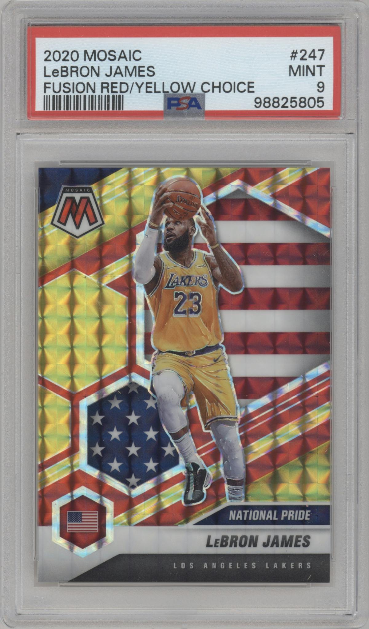 LeBron James from the 2020-21 Panini Mosaic set featuring a Choice Fusion Red & Yellow  parallel graded by PSA and given an overall grade of 9.