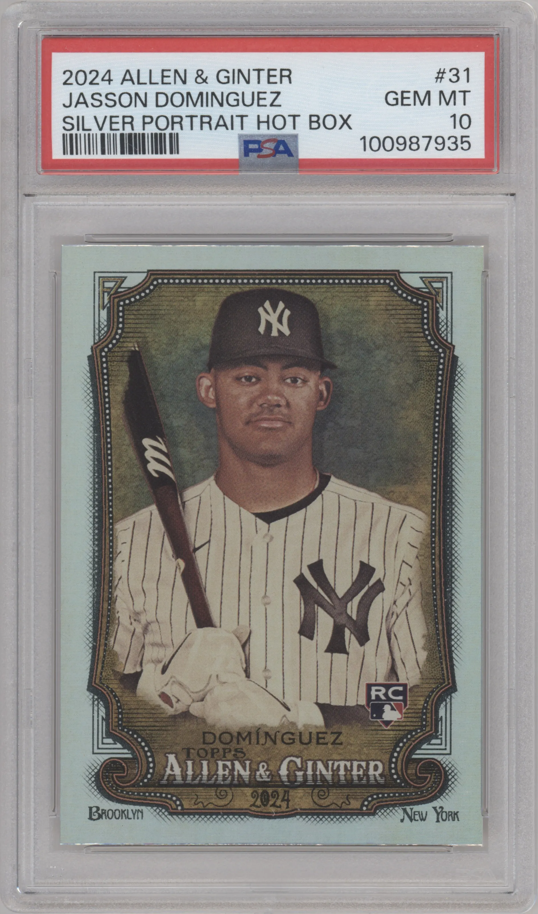 Jasson Dominguez from the 2024 Topps Allen & Ginter set featuring a Silver Portrait parallel graded by PSA and given an overall grade of 10.