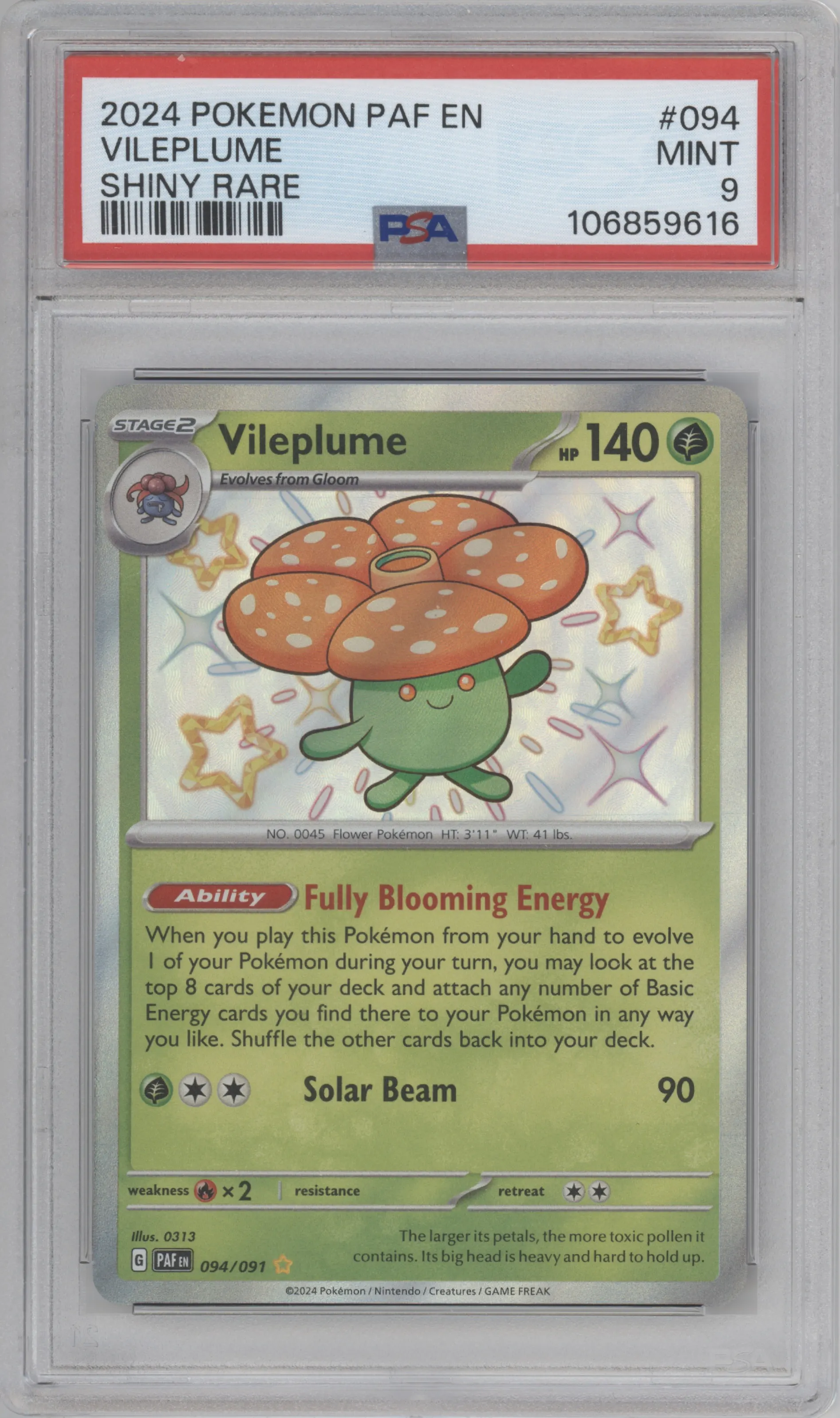 Vileplume from the 2024 Pokemon SV set graded by PSA and given an overall grade of 9.