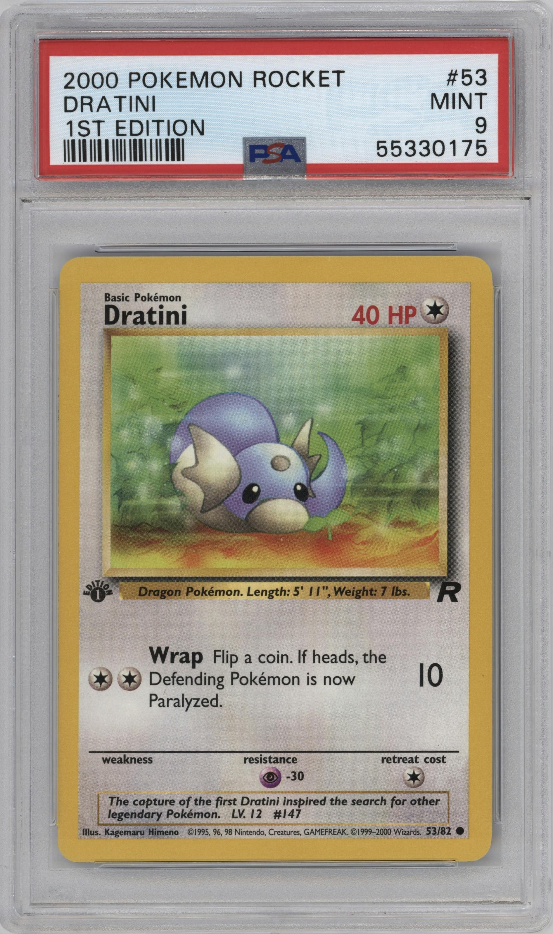 Dratini from the 2000 Pokemon set graded by PSA and given an overall grade of 9.