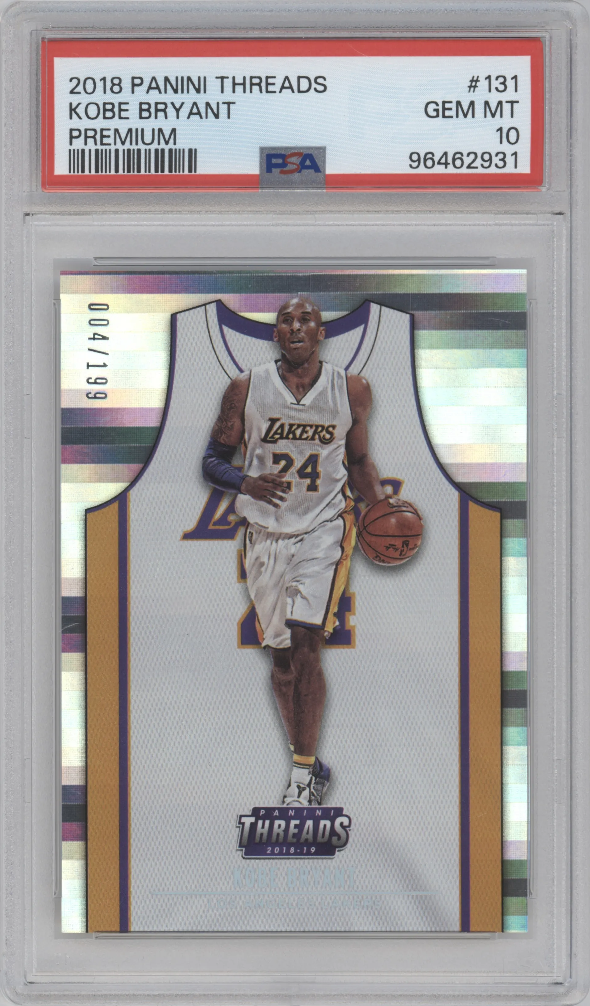 Kobe Bryant from the 2018-19 Panini Threads  set featuring a Premium parallel graded by PSA and given an overall grade of 10.