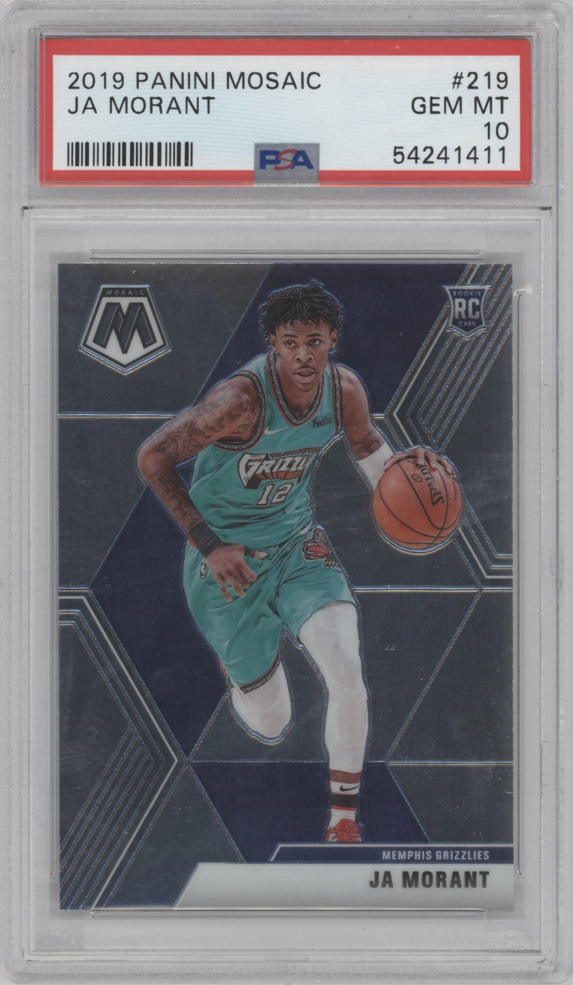 Ja Morant from the 2019-20 Panini Mosaic  set graded by PSA and given an overall grade of 10.
