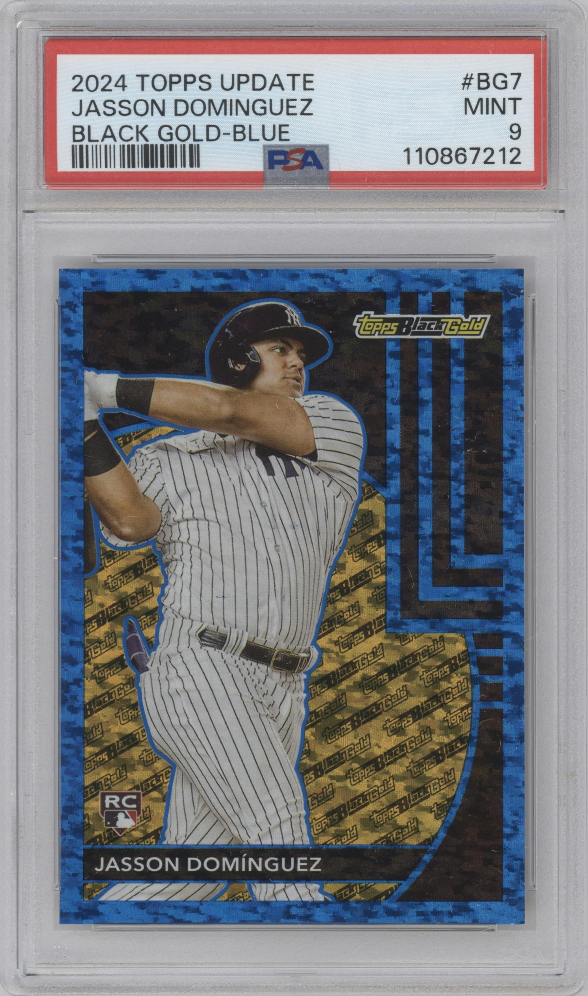 Jasson Dominguez from the 2024 Topps Update set featuring a Blue parallel graded by PSA and given an overall grade of 9.