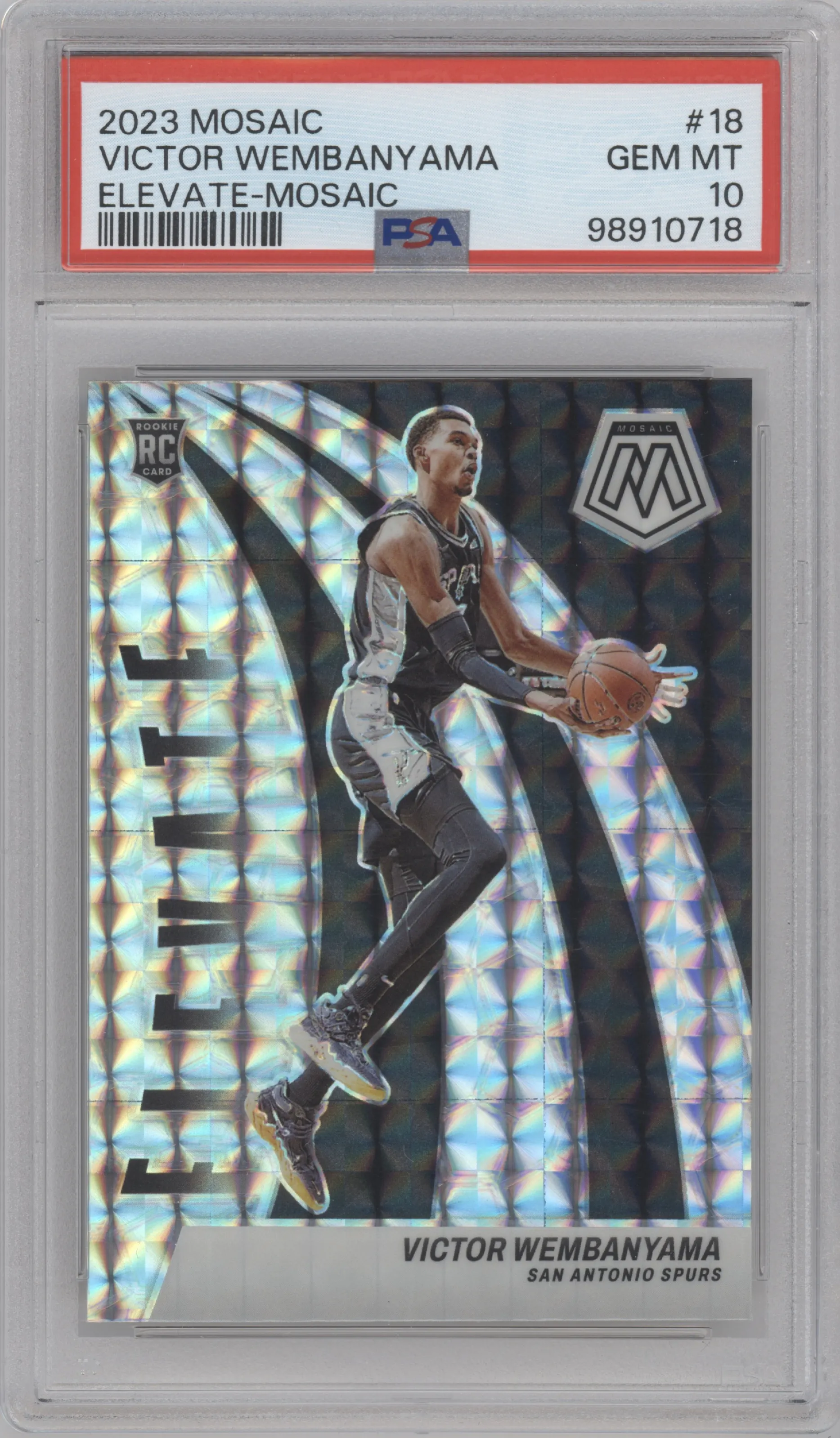 Victor Wembanyama from the 2023-24 Panini Mosaic set featuring a Mosaic parallel graded by PSA and given an overall grade of 10.