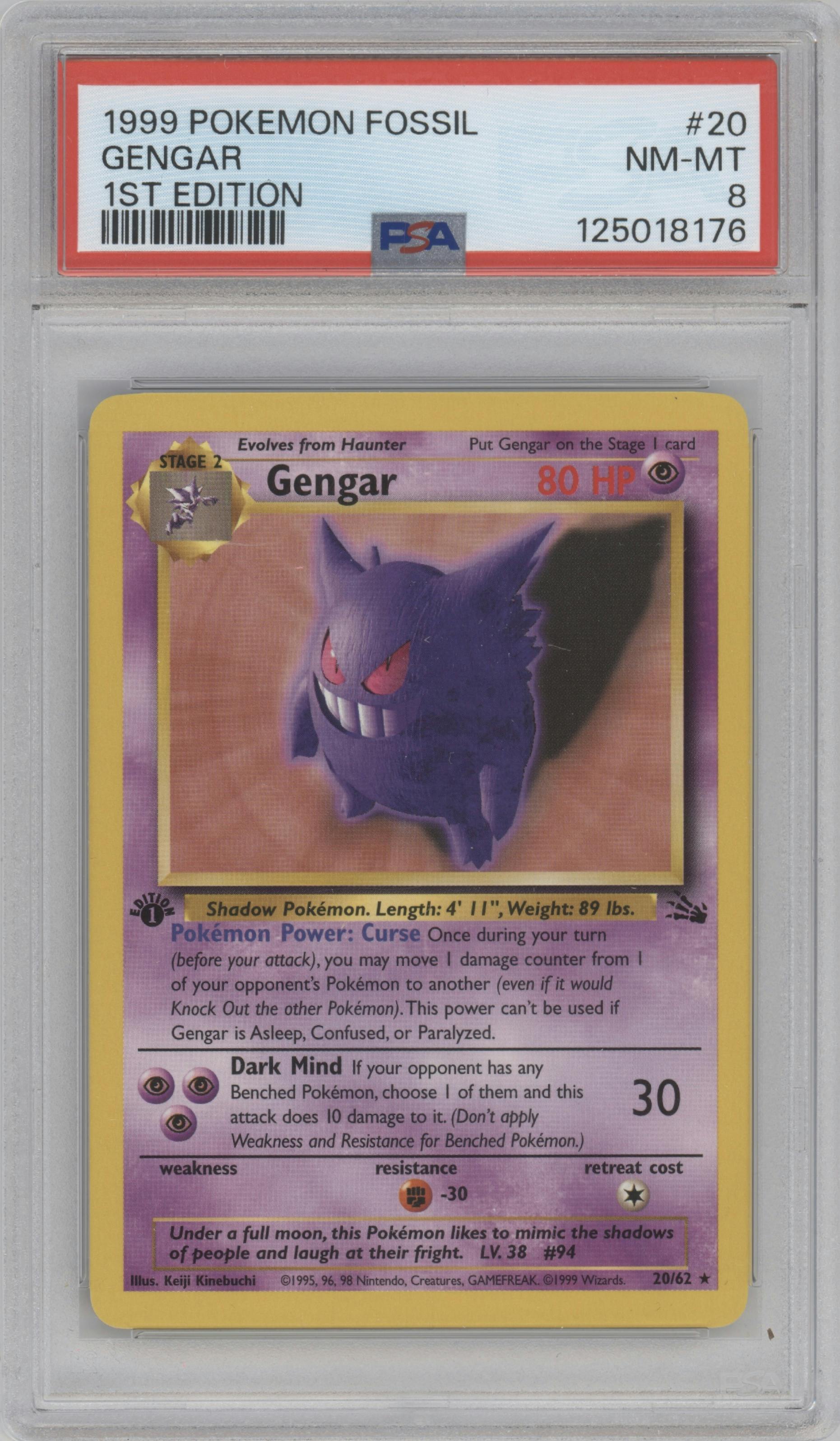 Gengar from the 1999 Pokemon set graded by PSA and given an overall grade of 8.