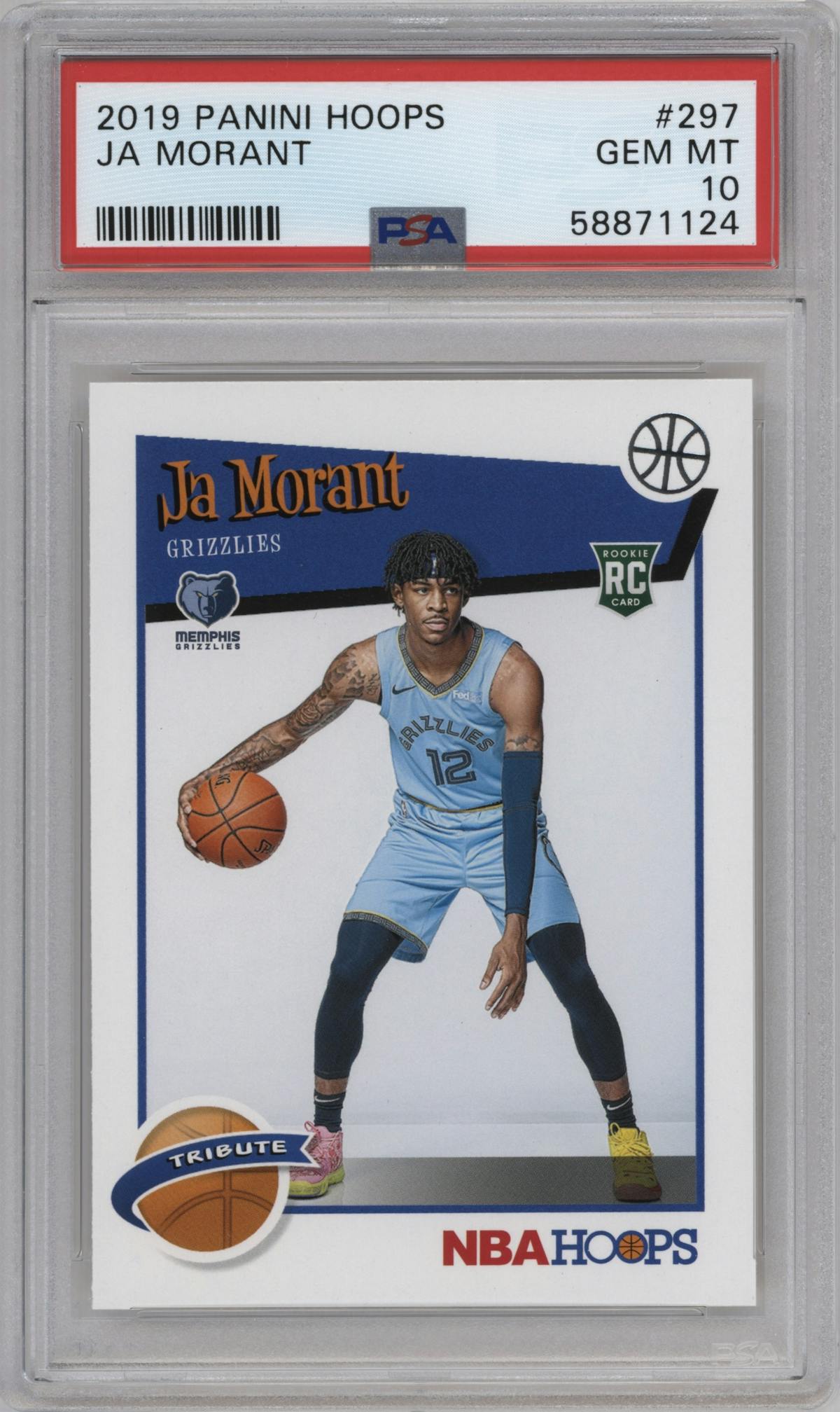 Ja Morant from the 2019-20 Panini NBA Hoops set graded by PSA and given an overall grade of 10.