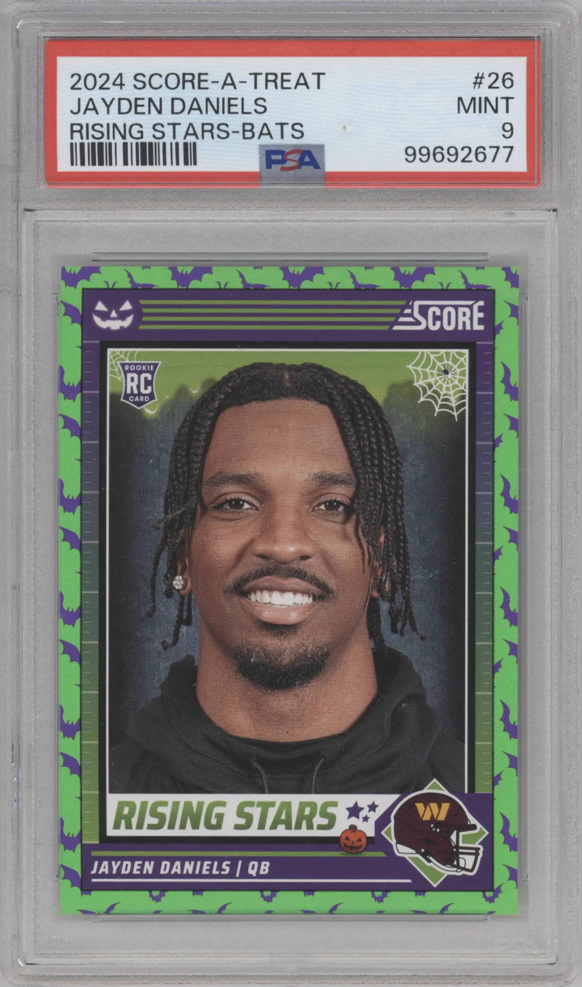 Jayden Daniels from the 2024 Score-a-Treat set featuring a Bats parallel graded by PSA and given an overall grade of 9.
