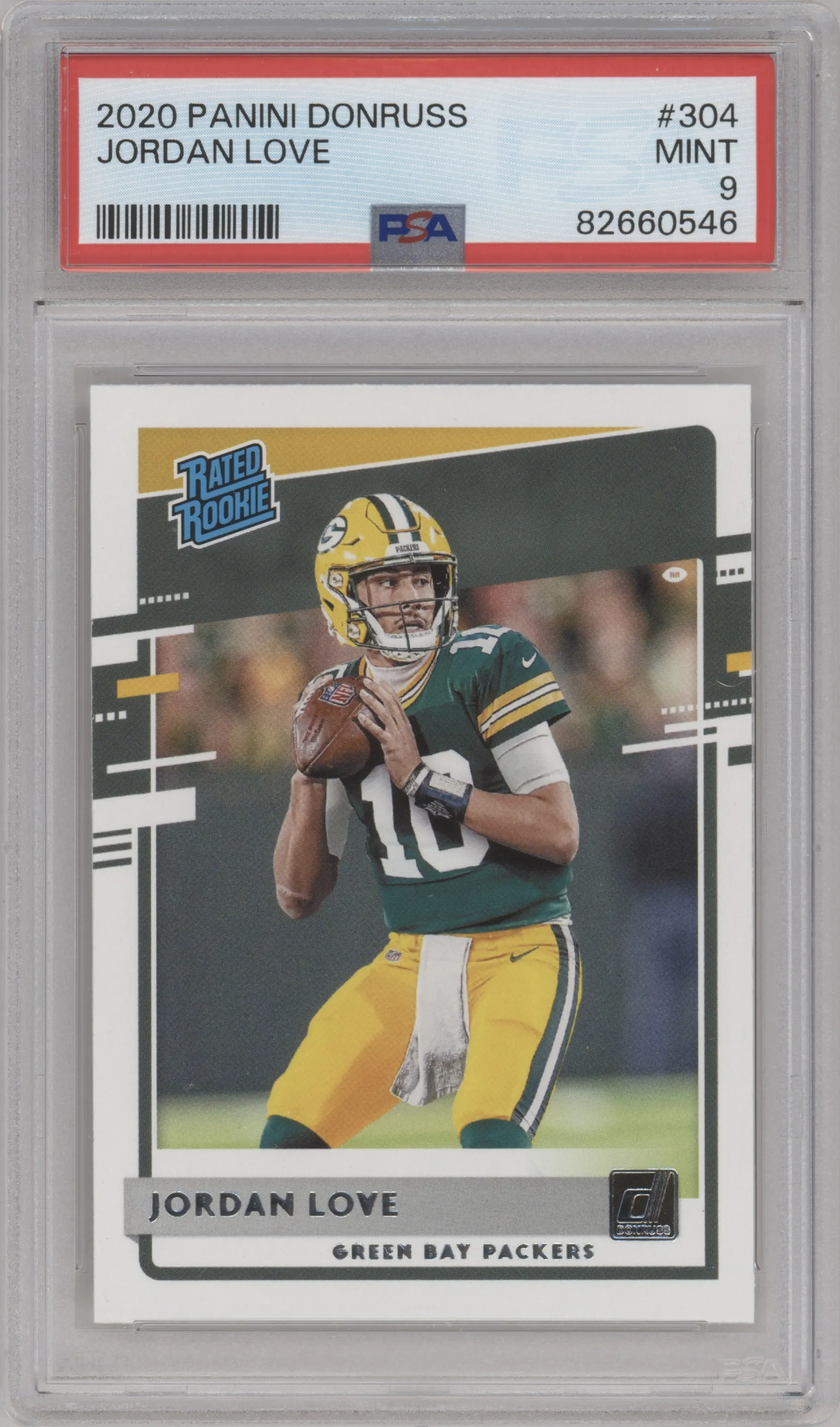 Jordan Love from the 2020 Panini Donruss set graded by PSA and given an overall grade of 9.