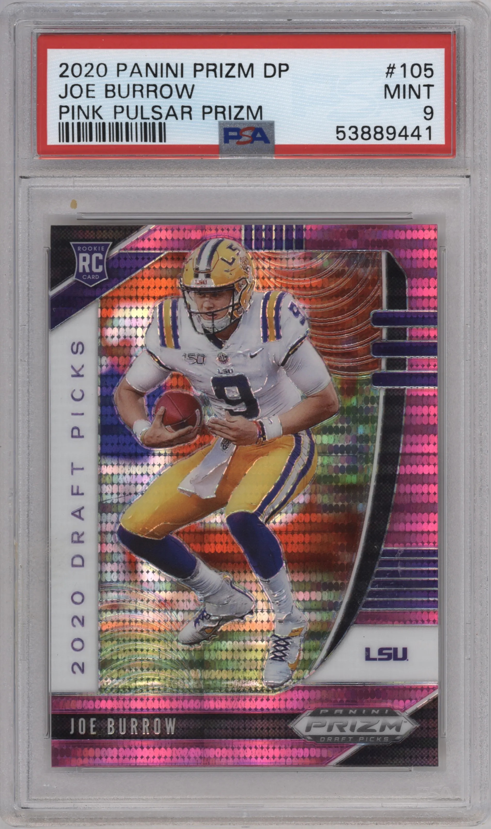 Joe Burrow from the 2020 Panini Prizm Draft Picks set featuring a Pink Pulsar parallel graded by PSA and given an overall grade of 9.