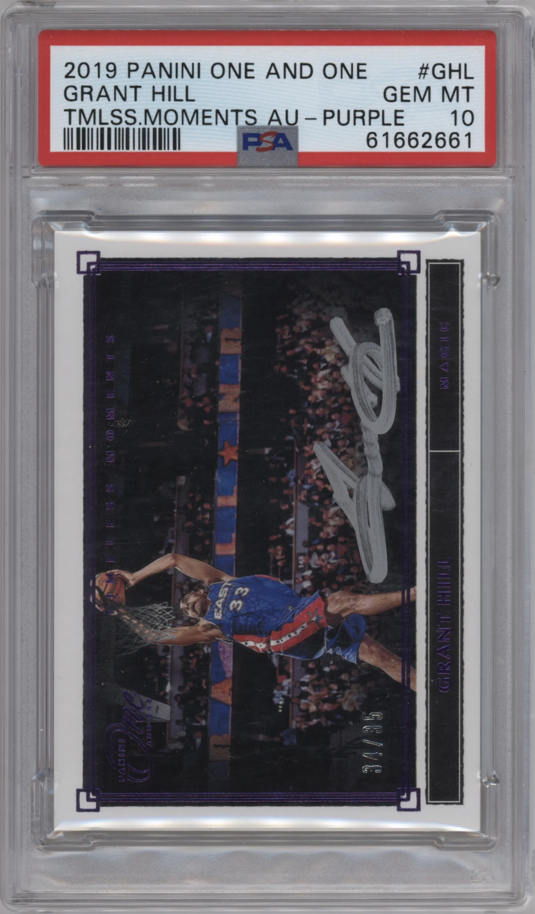 Grant Hill from the 2019-20 Panini One and One set featuring a Purple parallel graded by PSA and given an overall grade of 10.