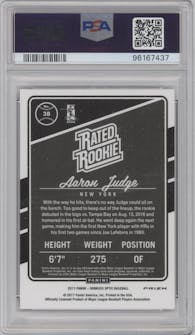 Aaron Judge from the 2017 Panini Donruss Optic set featuring a Purple parallel graded by PSA and given an overall grade of 9.