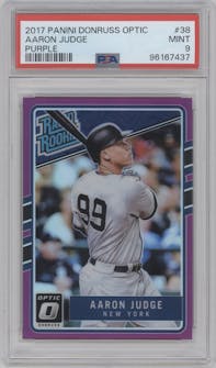 Aaron Judge from the 2017 Panini Donruss Optic set featuring a Purple parallel graded by PSA and given an overall grade of 9.