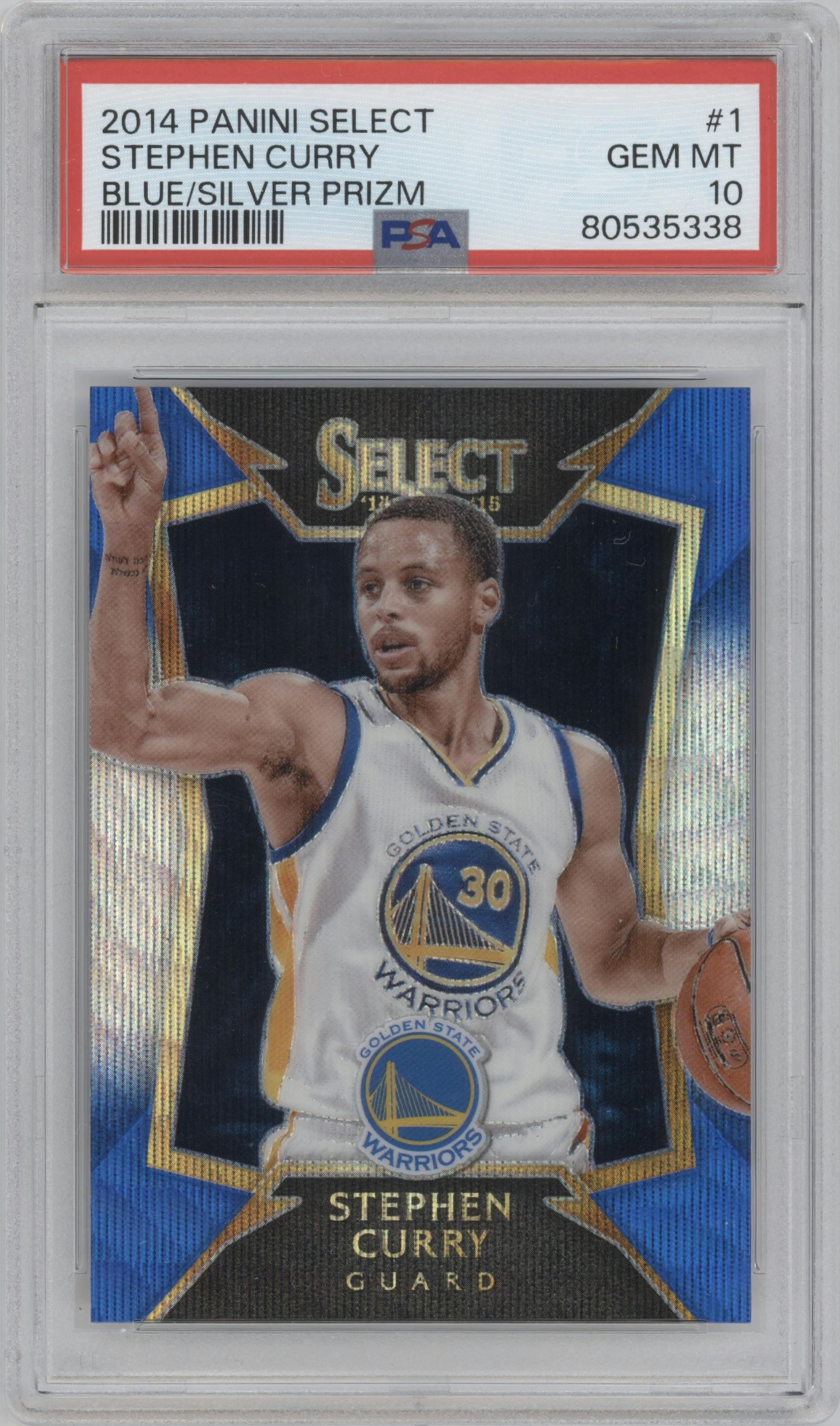 Stephen Curry from the 2014-15 Panini Select set featuring a Blue/Silver Prizm parallel graded by PSA and given an overall grade of 10.