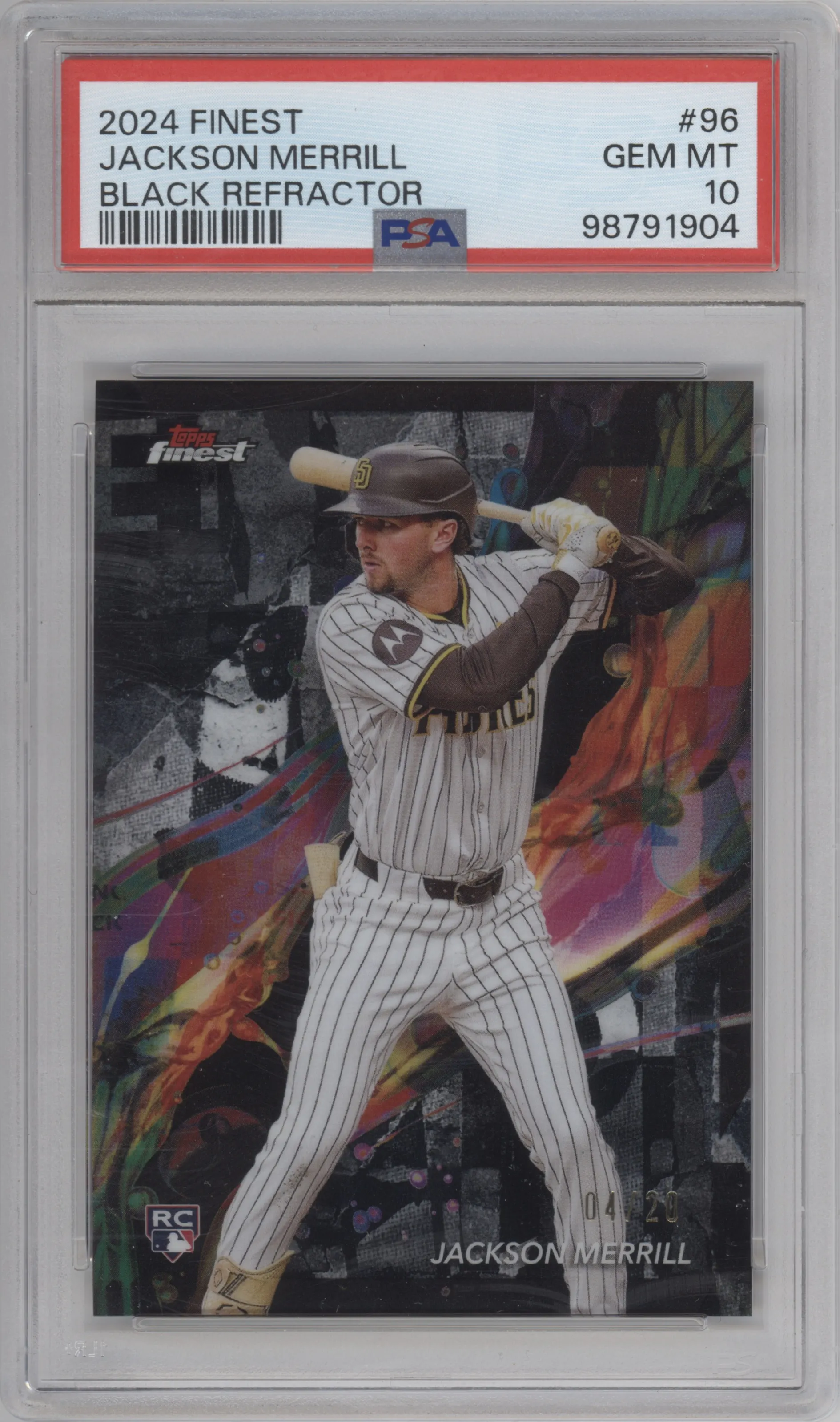 Jackson Merrill from the 2024 Topps Finest set featuring a Black Refractor parallel graded by PSA and given an overall grade of 10.