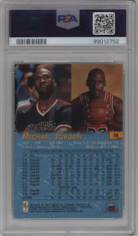 Michael Jordan from the 1996-97 Topps Stars set featuring a Finest Refractor parallel graded by PSA and given an overall grade of 9.