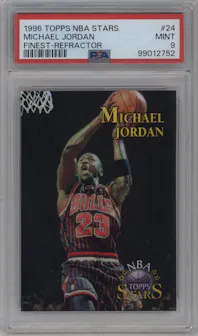 Michael Jordan from the 1996-97 Topps Stars set featuring a Finest Refractor parallel graded by PSA and given an overall grade of 9.