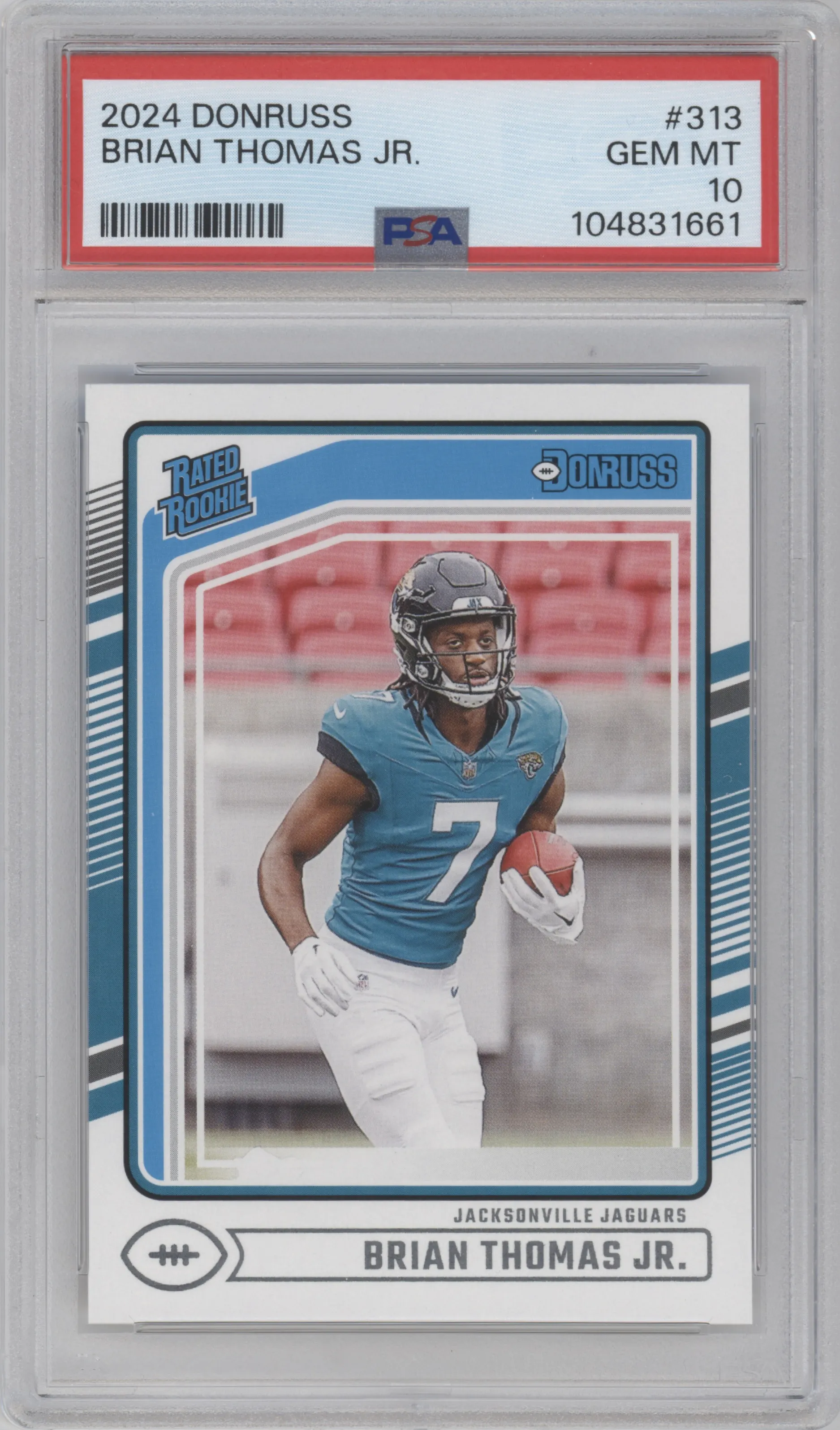 Brian Thomas Jr. from the 2024 Donruss set graded by PSA and given an overall grade of 10.