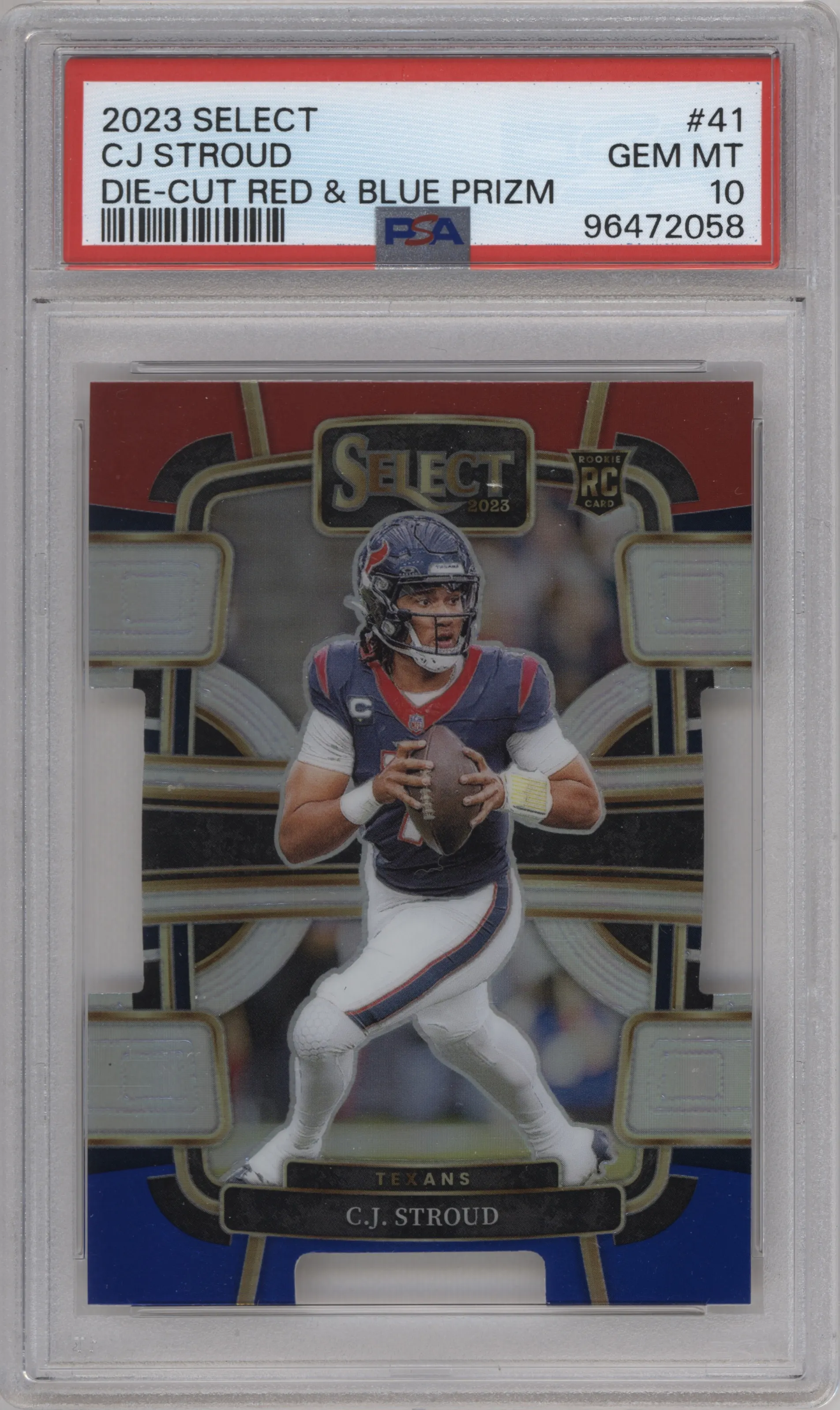 C.J. Stroud from the 2023 Panini Select set featuring a Die-Cut Red & Blue parallel graded by PSA and given an overall grade of 10.
