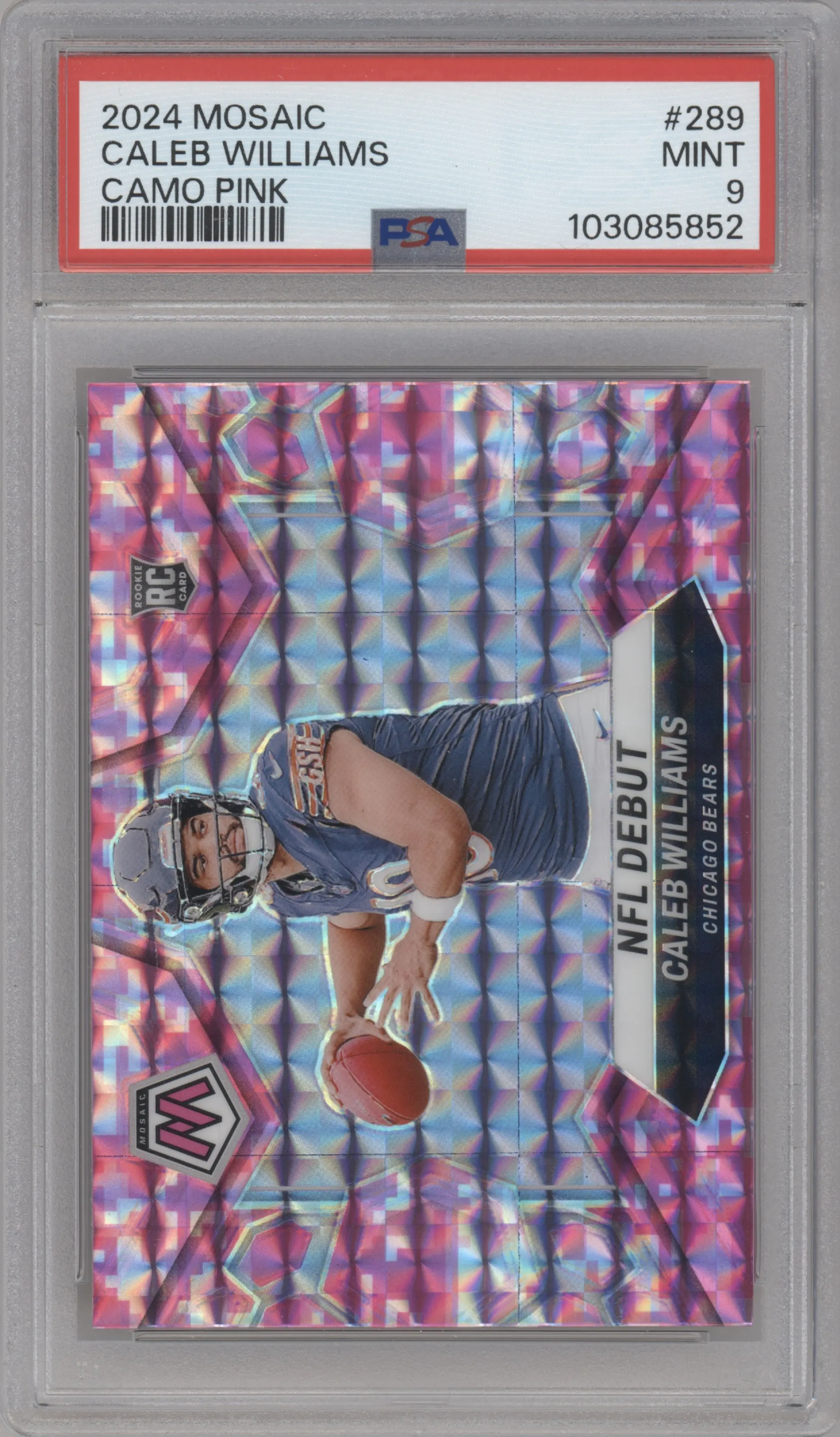 Caleb Williams from the 2024 Panini Mosaic set featuring a Pink Camo parallel graded by PSA and given an overall grade of 9.