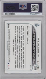 Julio Rodriguez from the 2022 Topps Update  set featuring a Gold parallel graded by PSA and given an overall grade of 10.