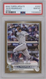 Julio Rodriguez from the 2022 Topps Update  set featuring a Gold parallel graded by PSA and given an overall grade of 10.