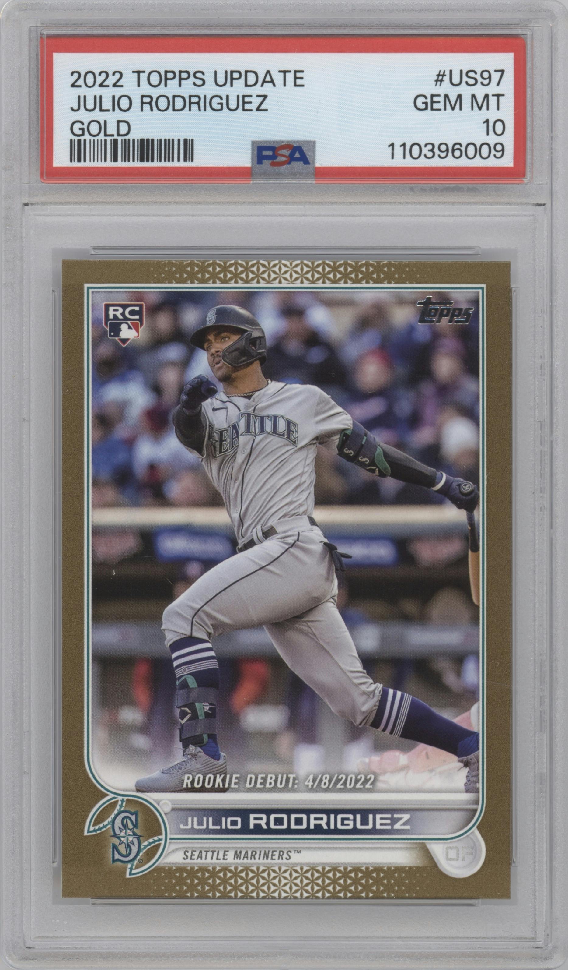 Julio Rodriguez from the 2022 Topps Update  set featuring a Gold parallel graded by PSA and given an overall grade of 10.