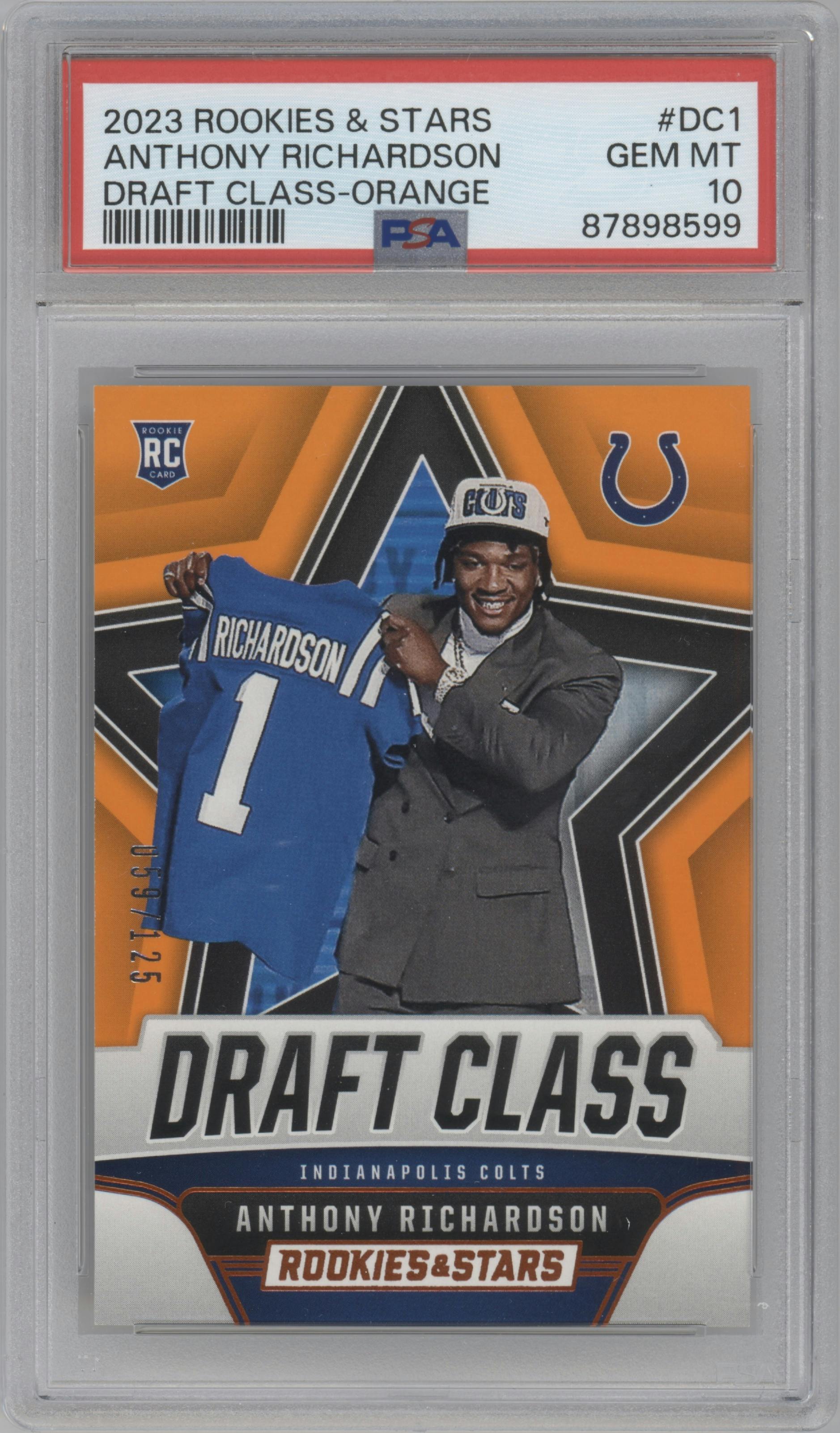 Anthony Richardson from the 2023 Panini Rookies & Stars set featuring a Orange parallel graded by PSA and given an overall grade of 10.