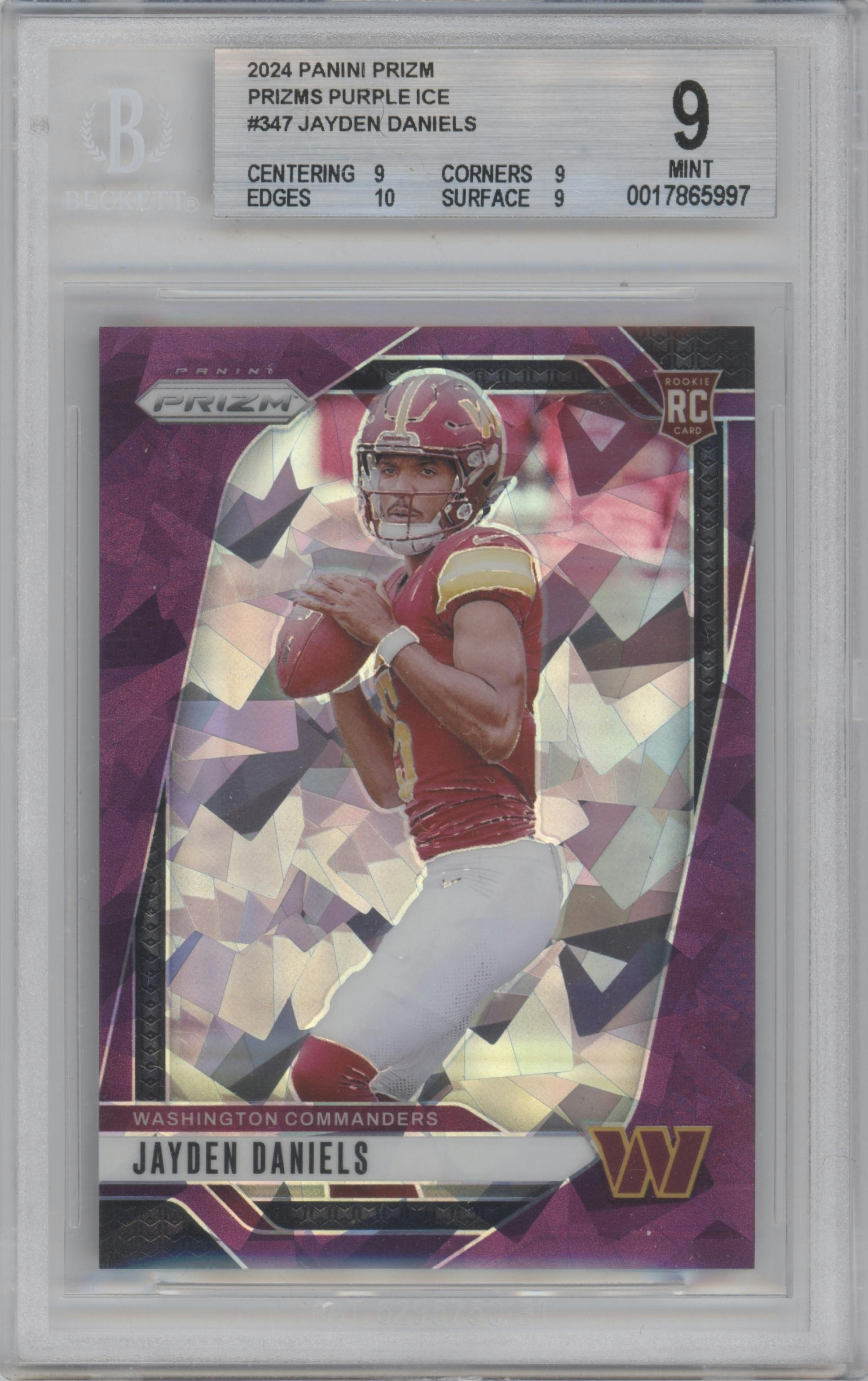 Jayden Daniels from the 2024 Panini Prizm set featuring a Purple Ice parallel graded by Beckett and given an overall grade of 9.