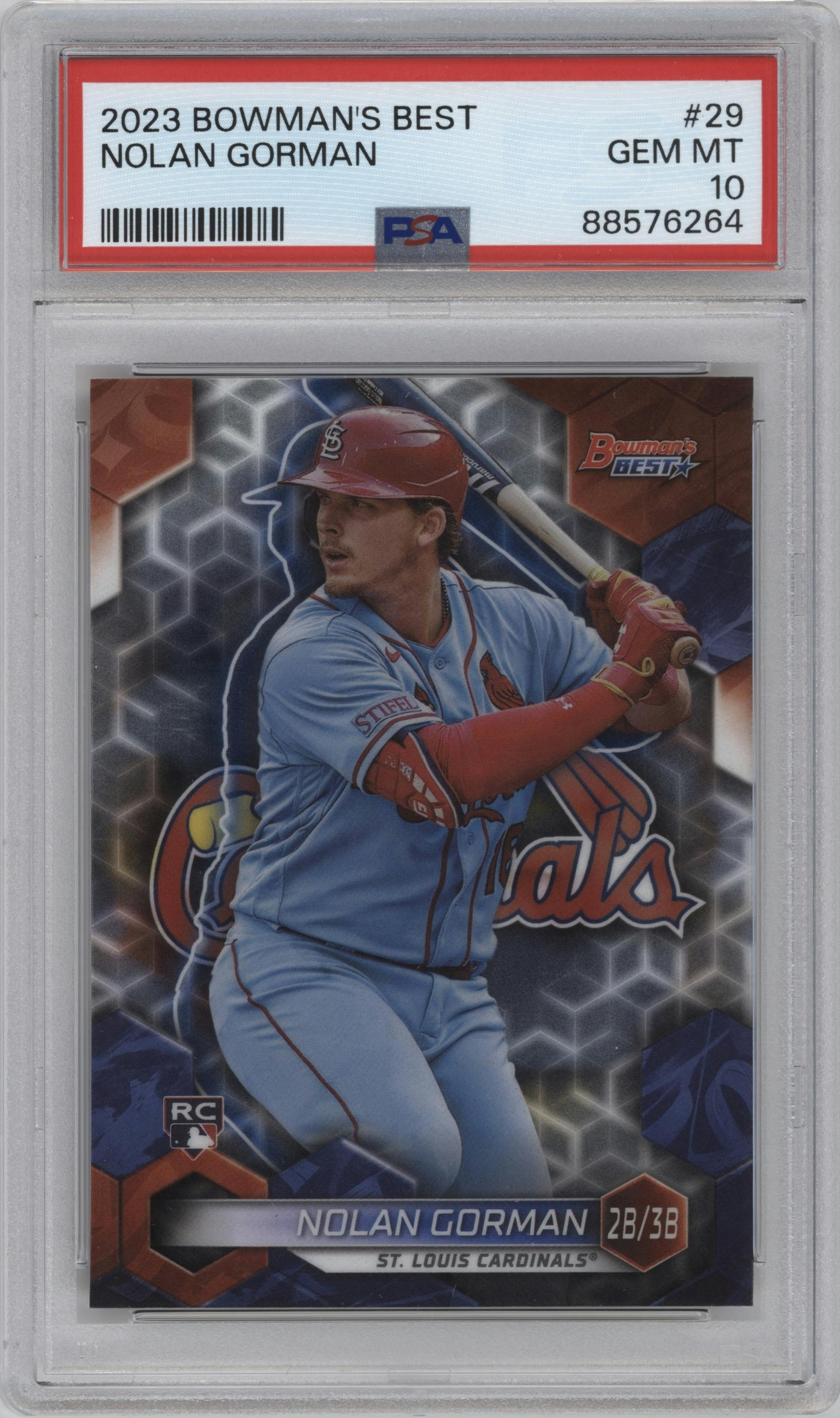 Nolan Gorman from the 2023 Bowman's Best set graded by PSA and given an overall grade of 10.