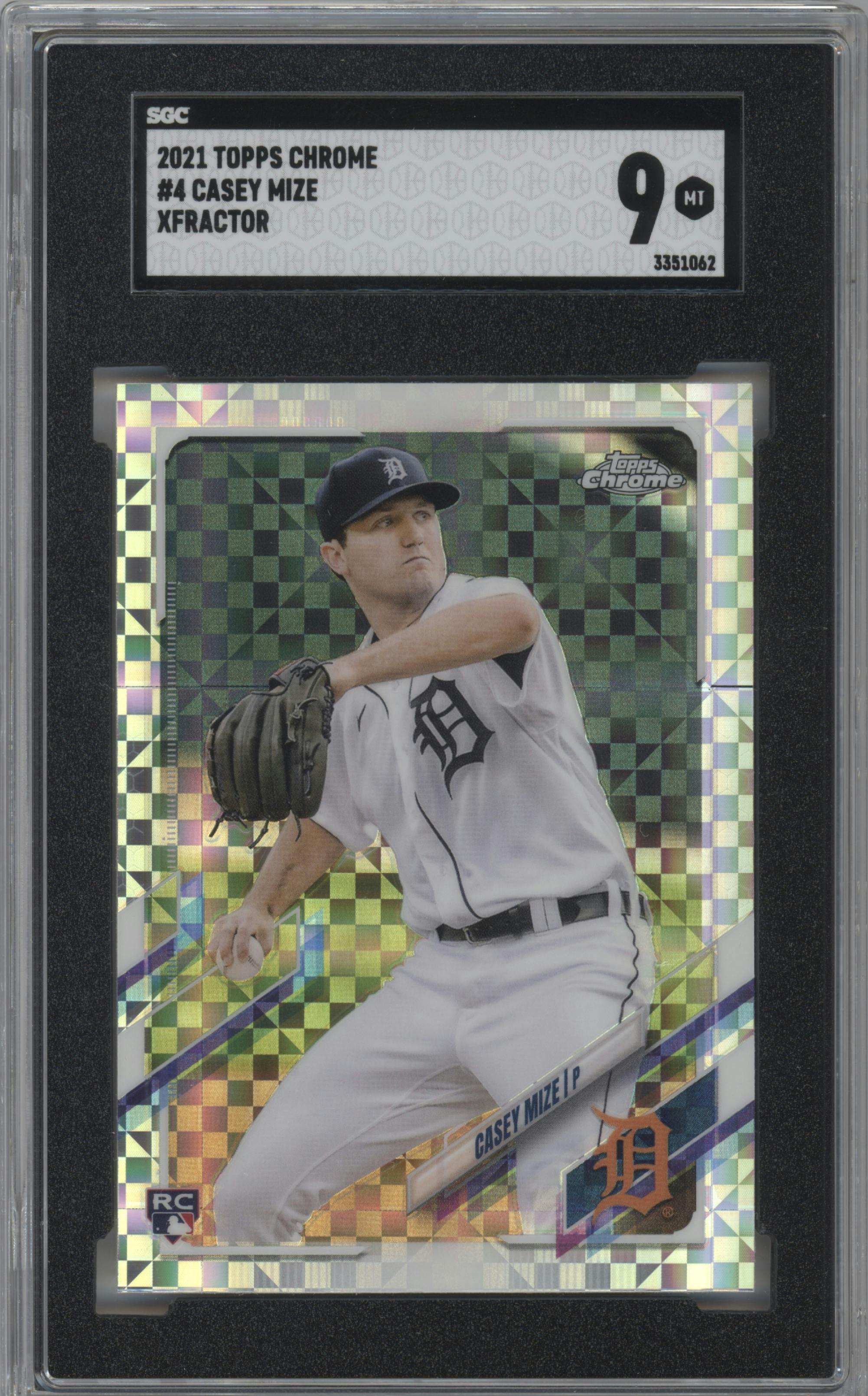 Casey Mize from the 2021 Topps Chrome set featuring a X-Fractor parallel graded by SGC and given an overall grade of 9.