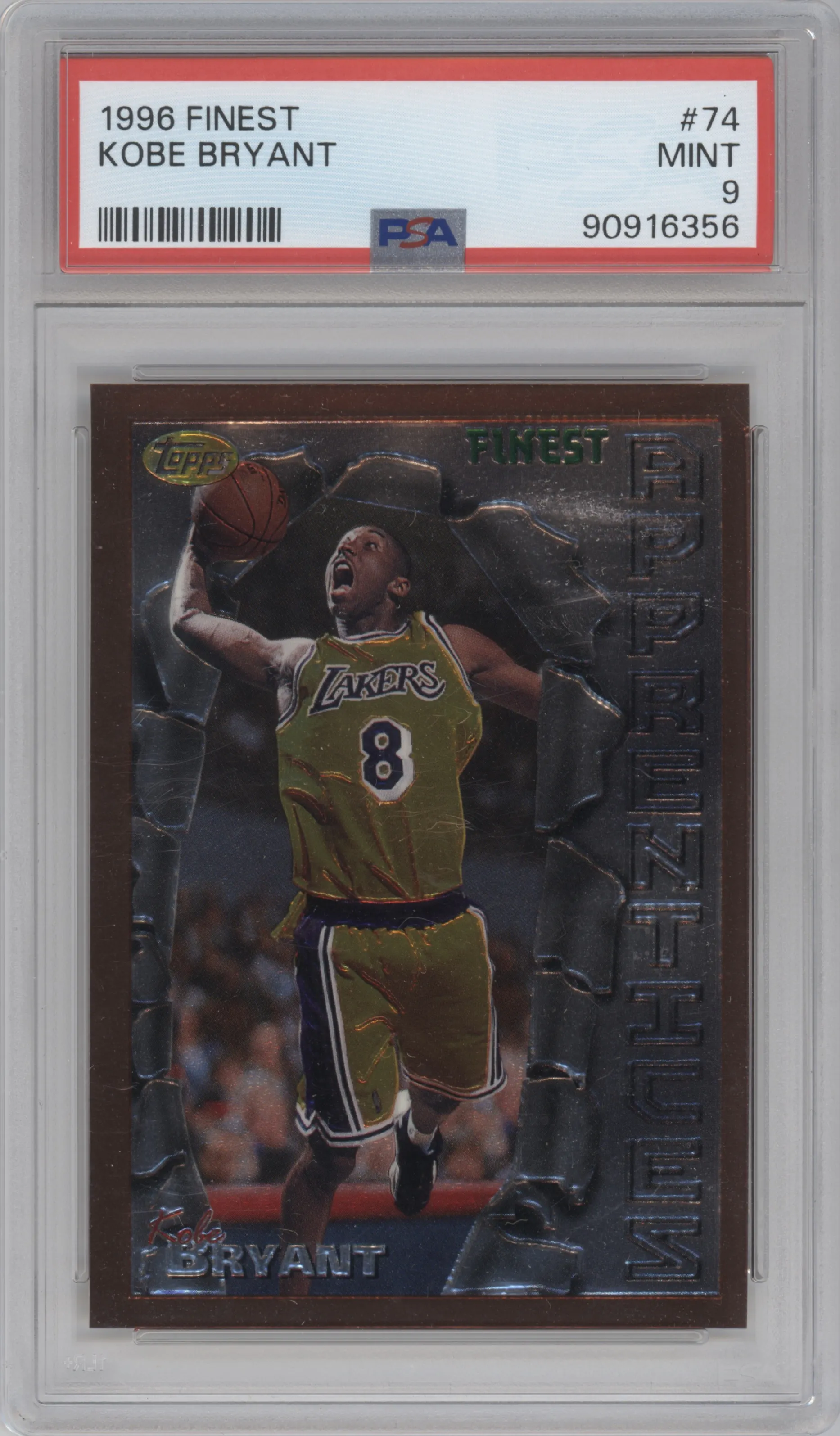 Kobe Bryant from the 1996-97 Topps Finest set graded by PSA and given an overall grade of 9.
