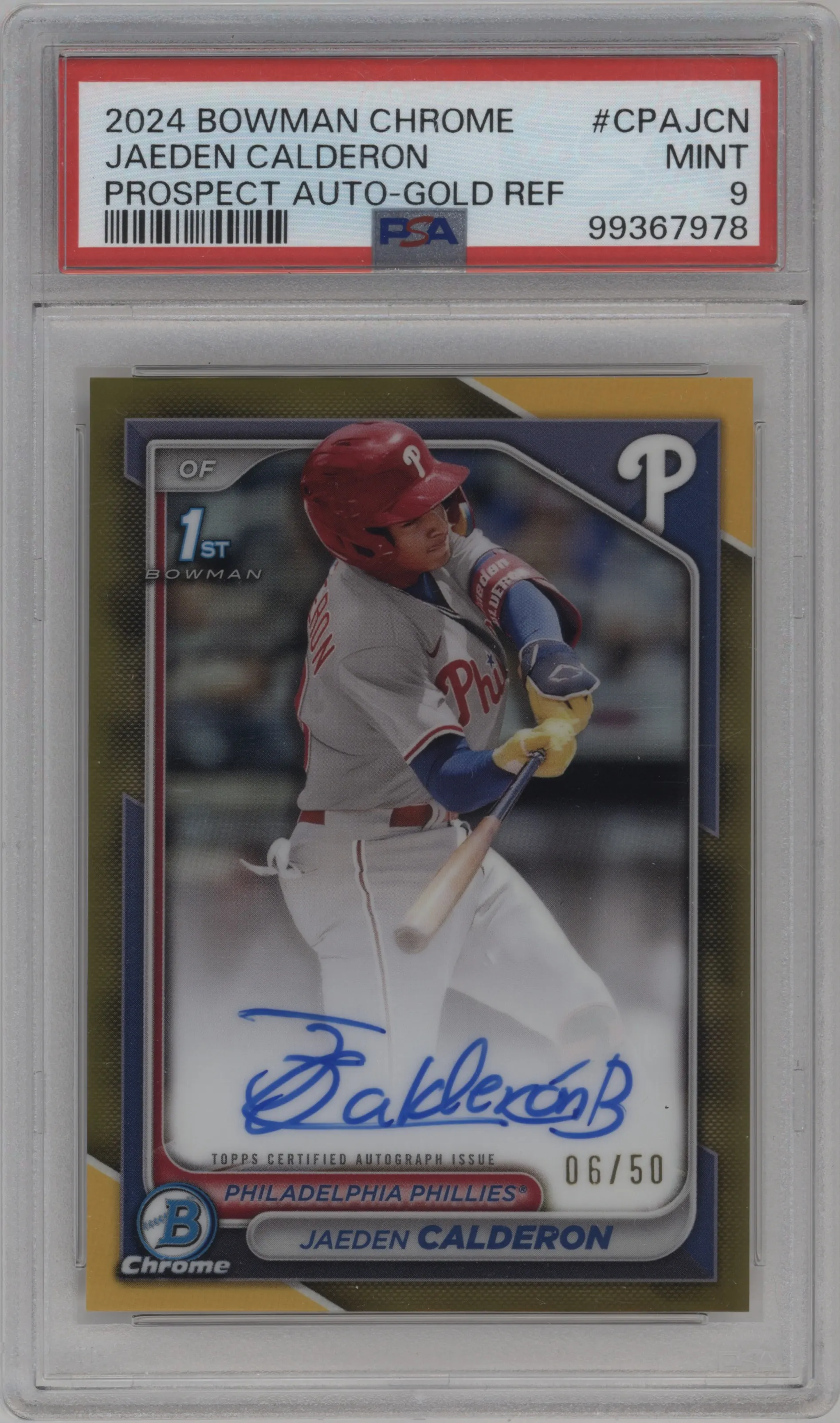 2024 Bowman Chrome Chr.Pros.Auto Jaeden Calderon Gold Refractor PSA 9