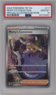 Morty's Conviction from the 2024 Pokemon SV set graded by PSA and given an overall grade of 10.