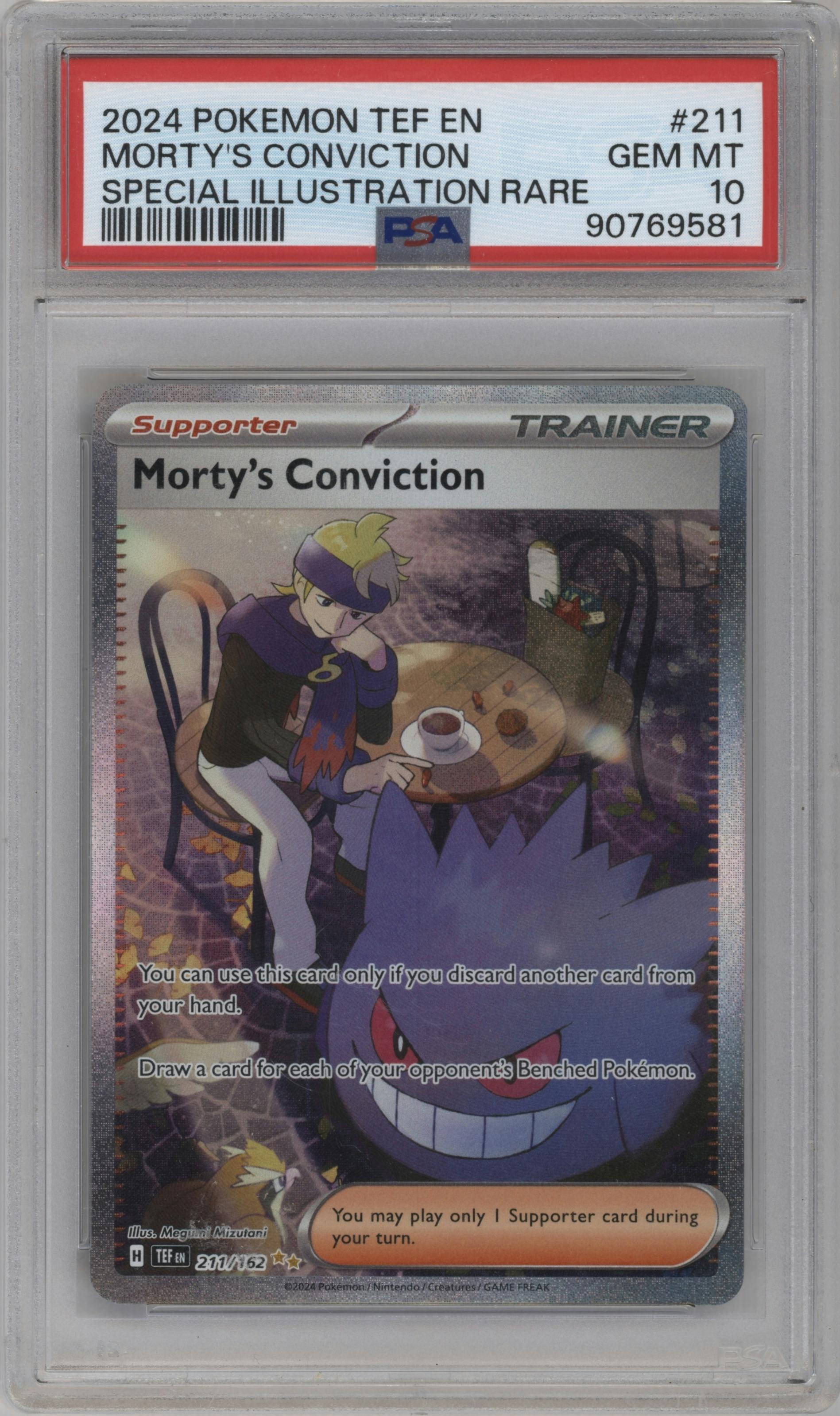 Morty's Conviction from the 2024 Pokemon SV set graded by PSA and given an overall grade of 10.