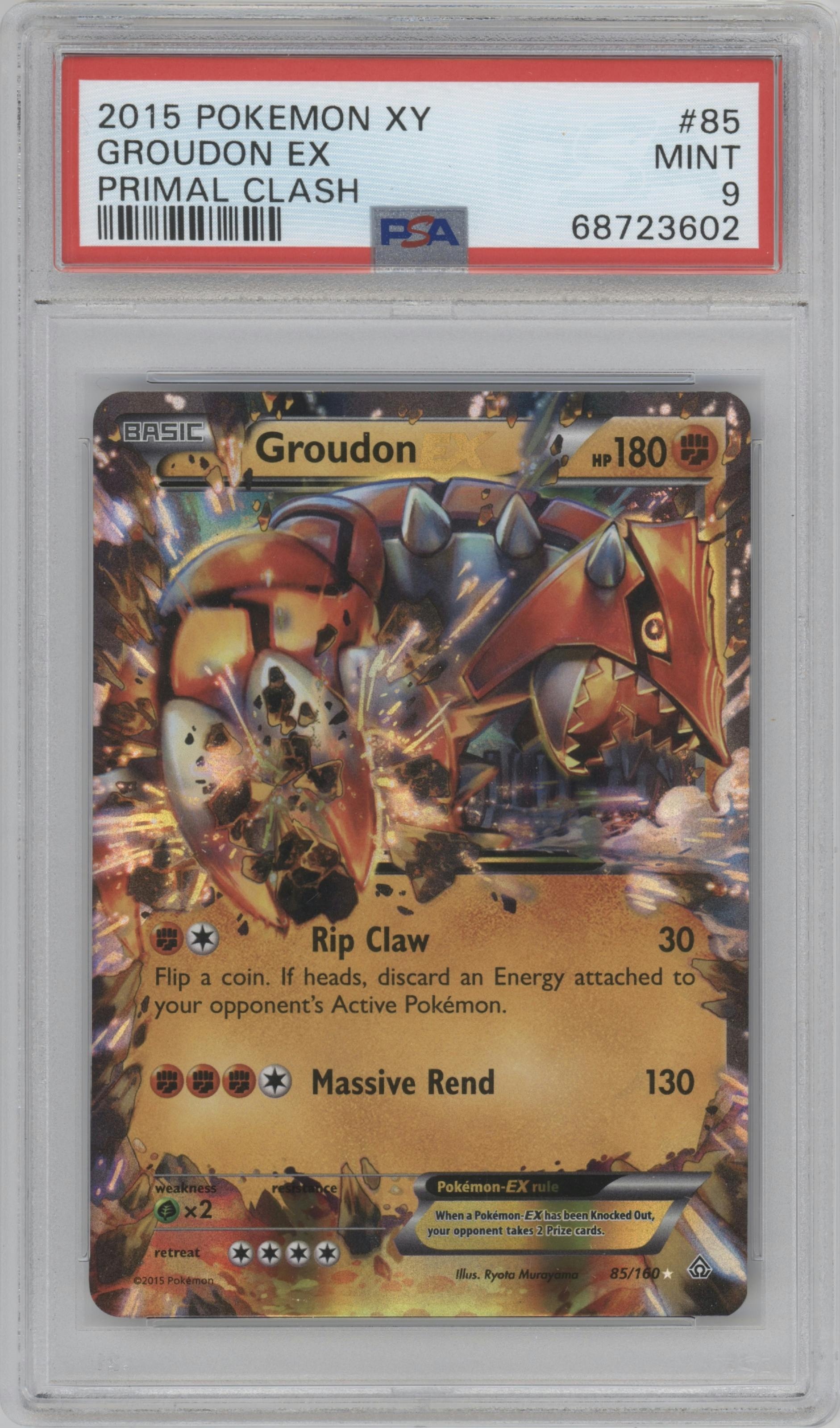 Groudon EX from the 2015 Pokemon XY set graded by PSA and given an overall grade of 9.