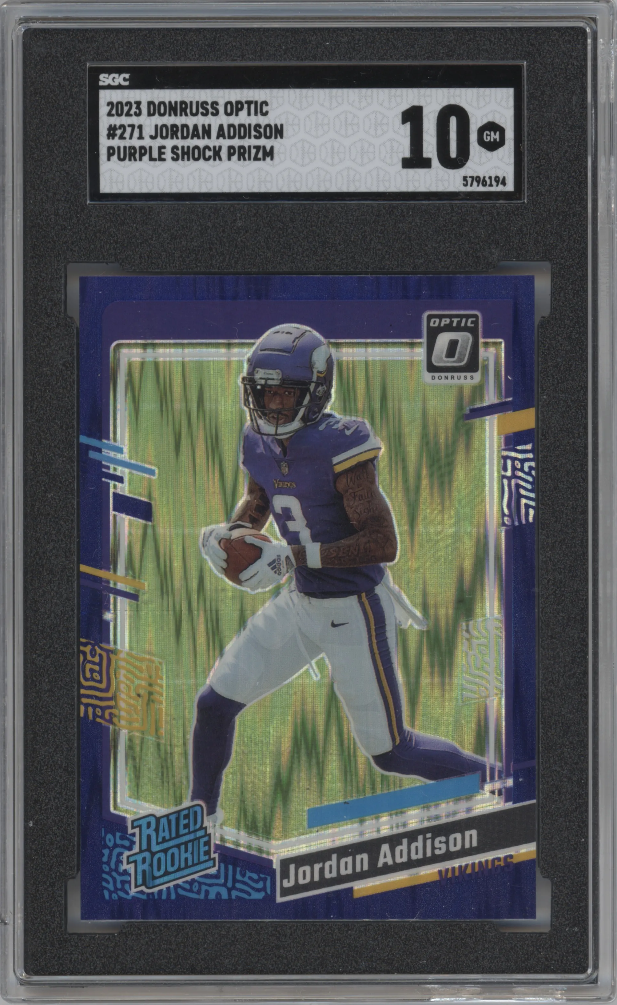 Jordan Addison from the 2023 Donruss Optic set featuring a  Purple Shock parallel graded by SGC and given an overall grade of 10.