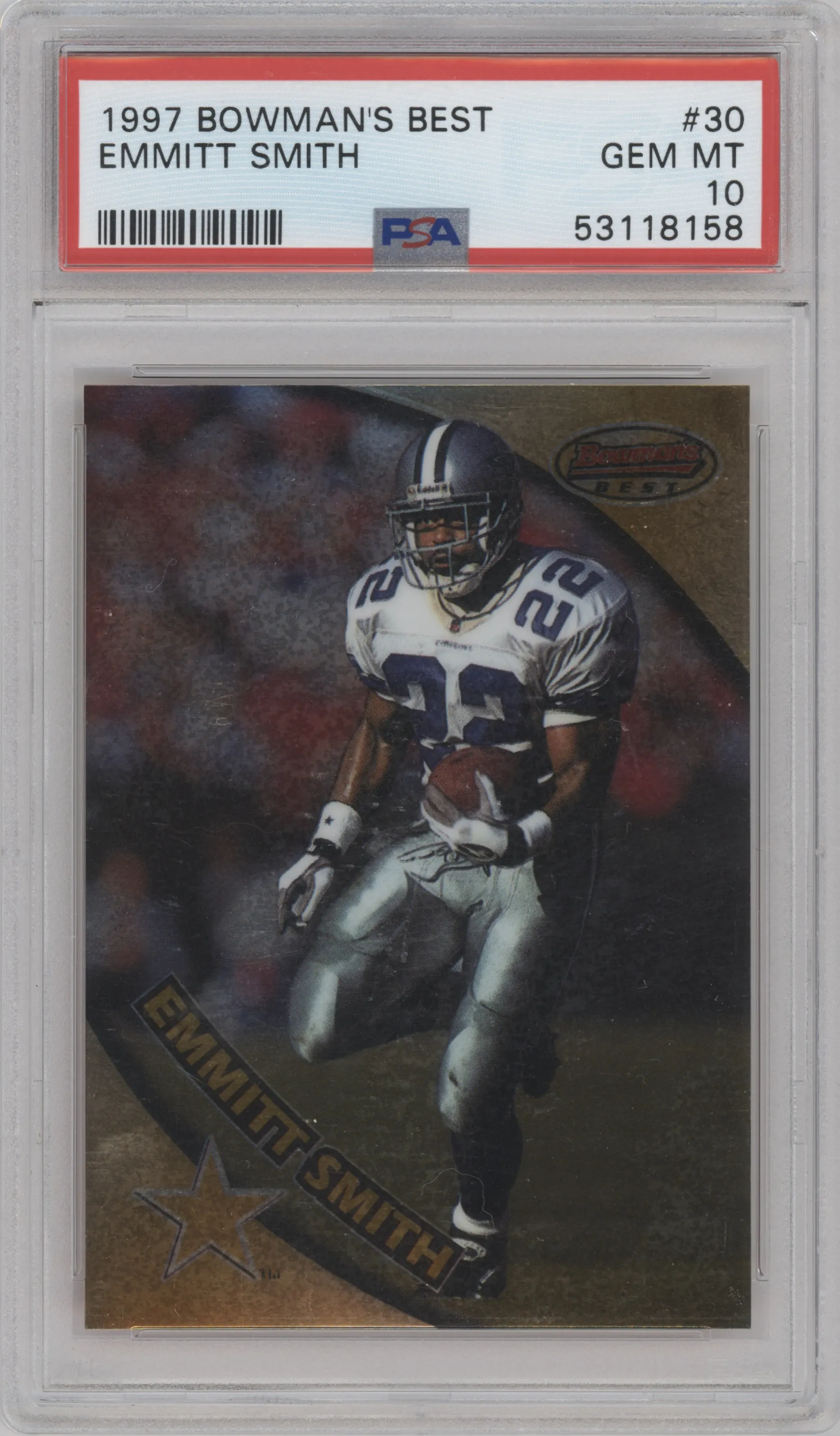 Emmitt Smith from the 1997 Bowman's Best set graded by PSA and given an overall grade of 10.
