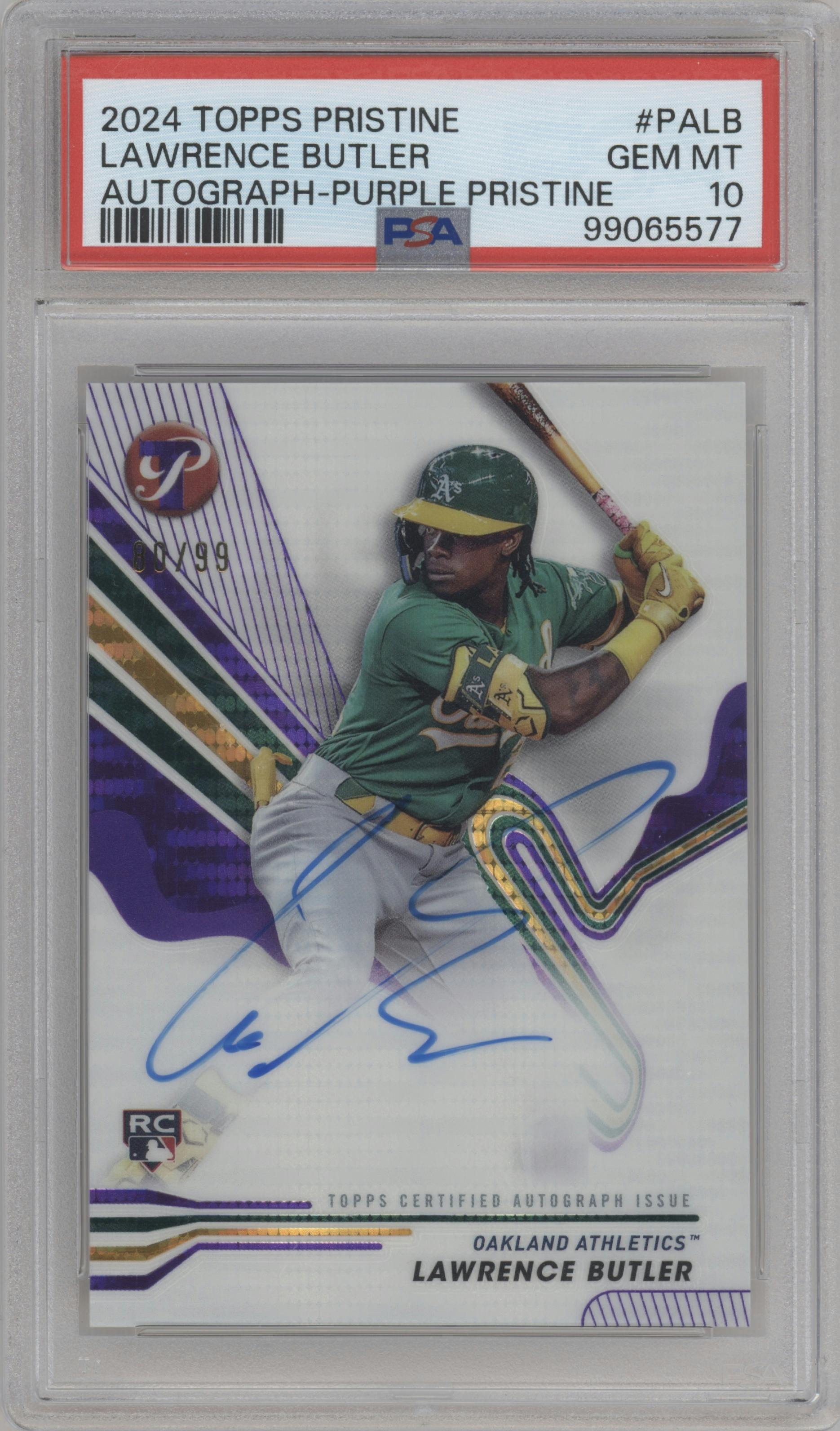 Lawrence Butler from the 2024 Topps Pristine set featuring a Purple Pristine Pulsar Refractor  parallel graded by PSA and given an overall grade of 10.