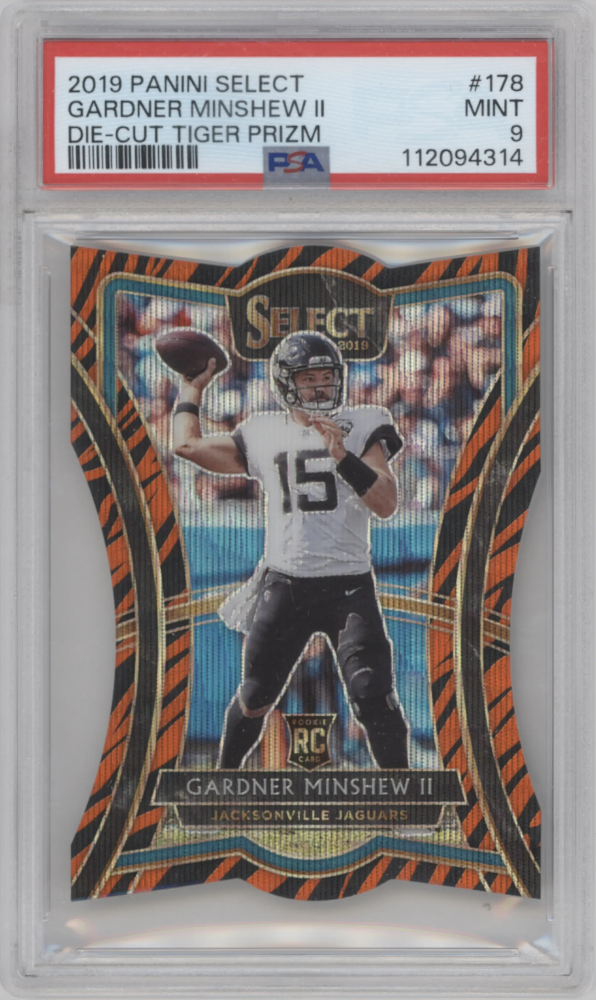 Gardner Minshew II from the 2019 Panini Select  set featuring a Die-Cut Tiger parallel graded by PSA and given an overall grade of 9.