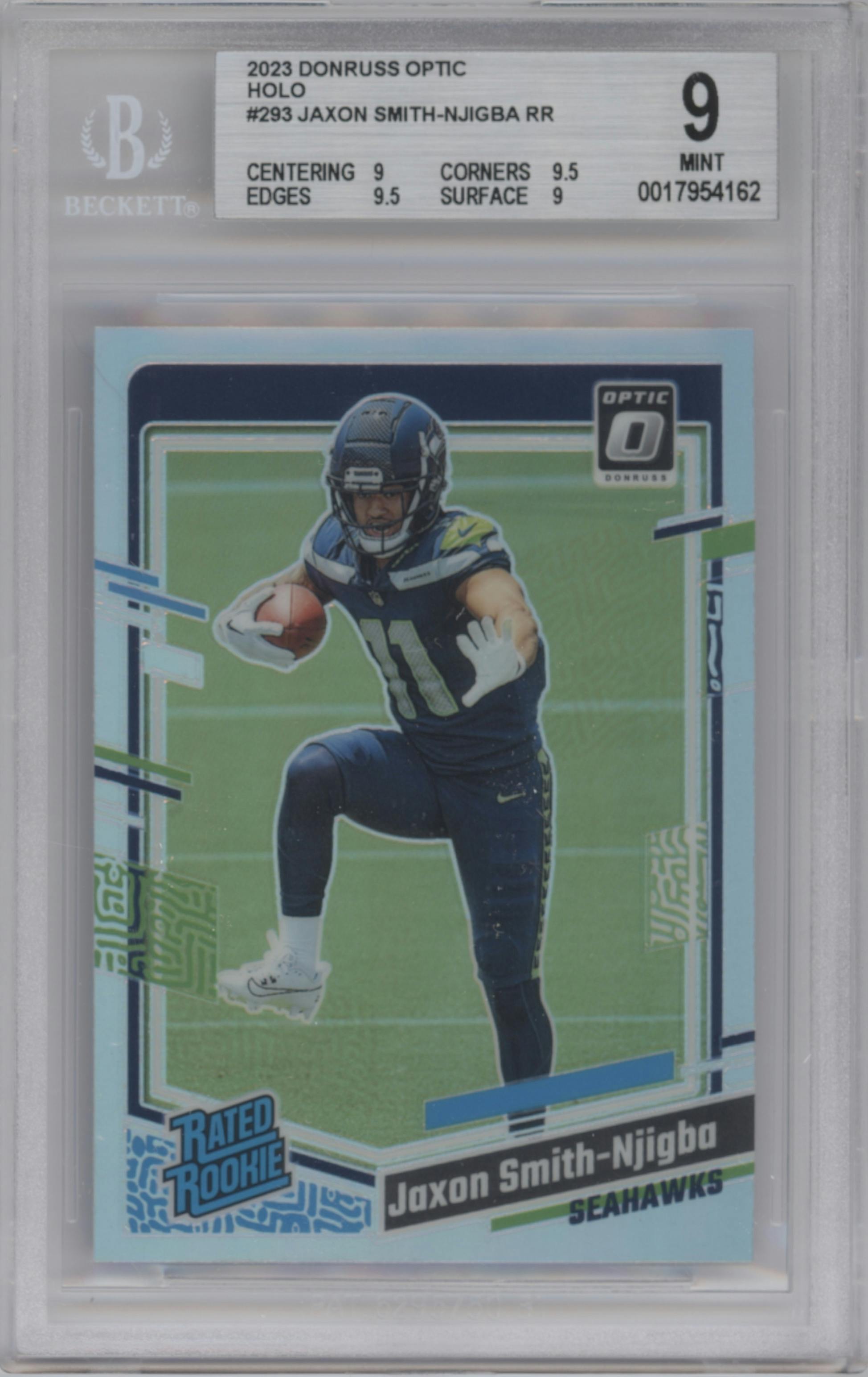 Jaxon Smith-Njigba from the 2023 Donruss Optic set featuring a Holo parallel graded by Beckett and given an overall grade of 9.