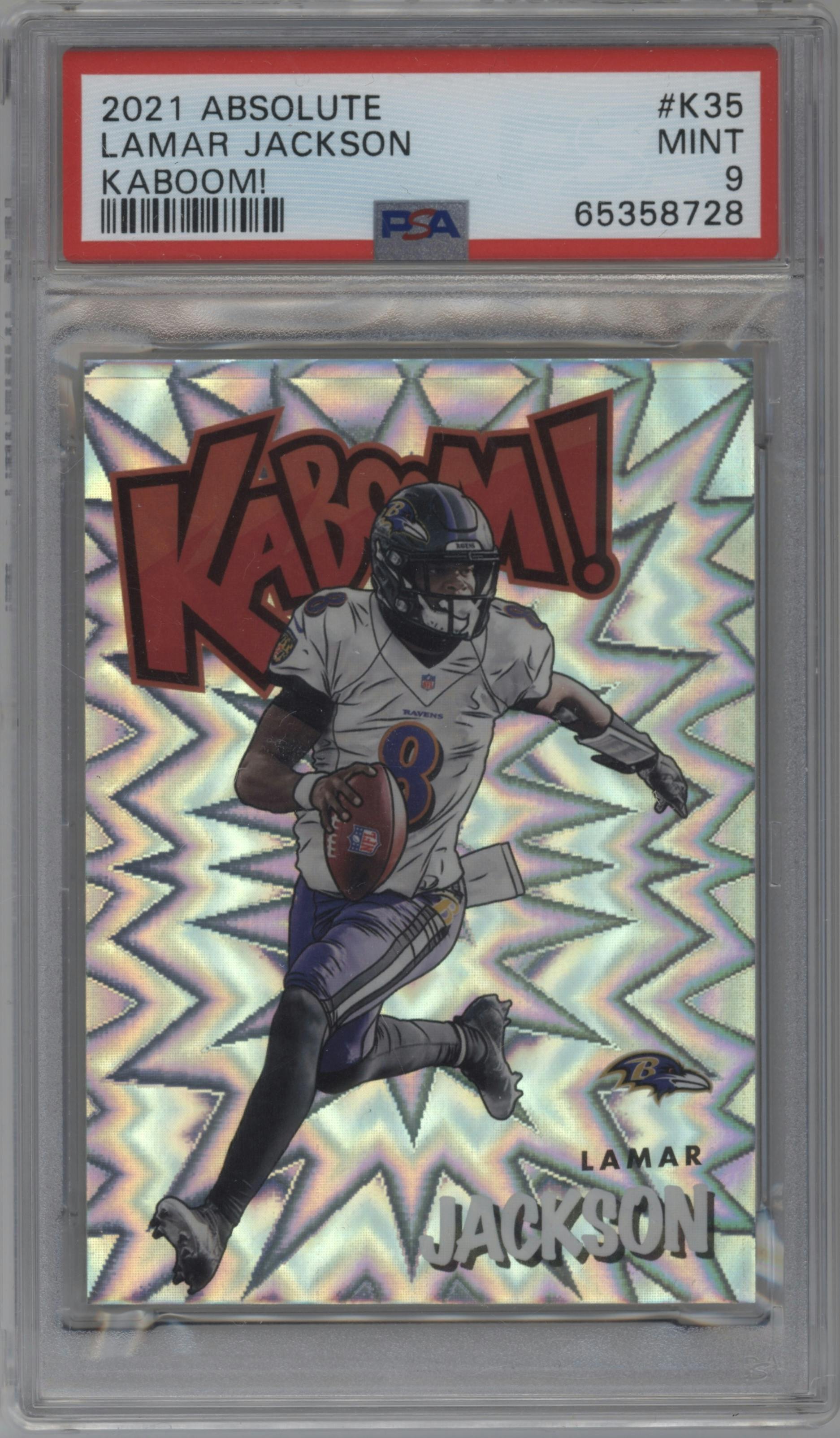 Lamar Jackson from the 2021 Panini Absolute set graded by PSA and given an overall grade of 9.