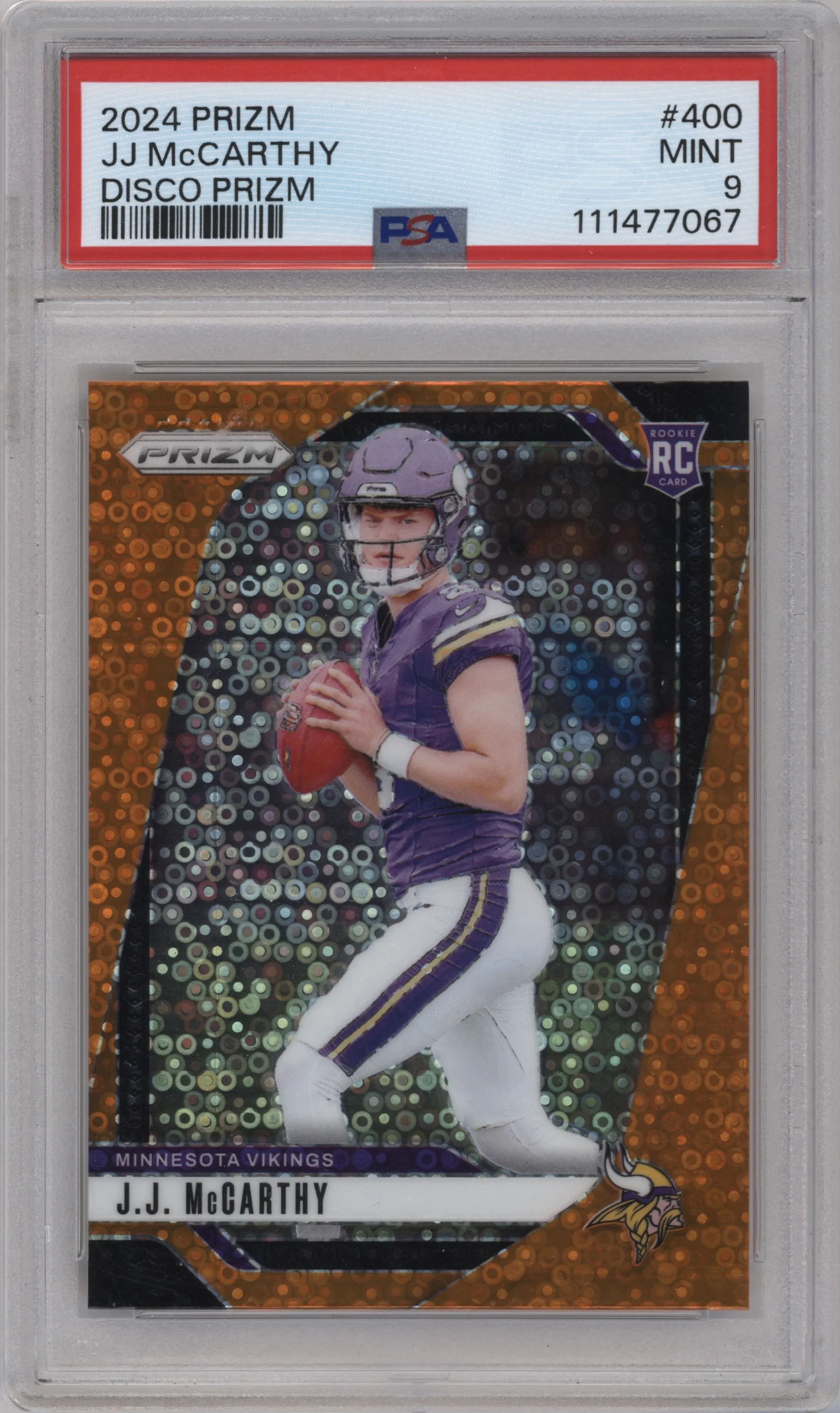 J.J. McCarthy from the 2024 Panini Prizm set featuring a Disco parallel graded by PSA and given an overall grade of 9.