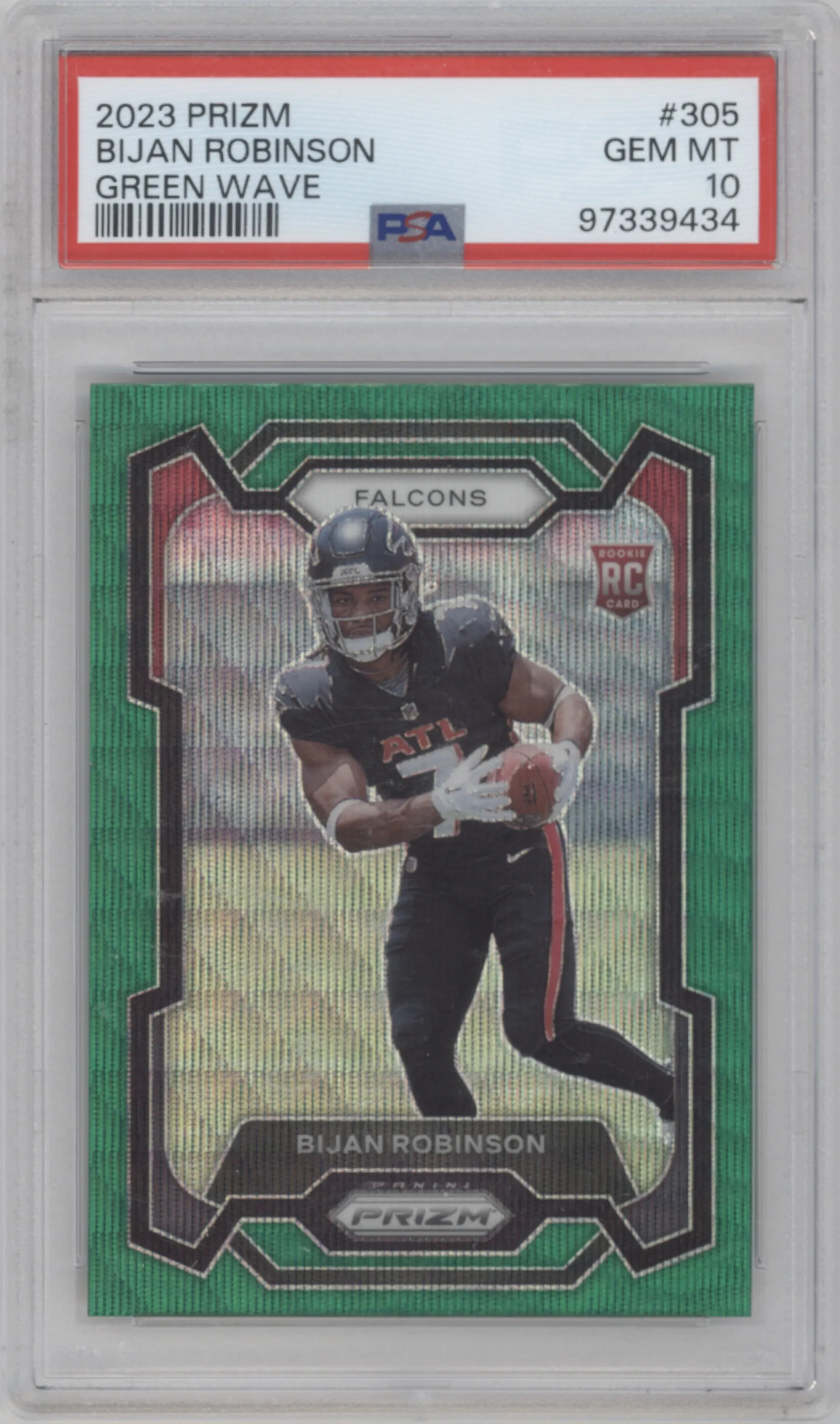 Bijan Robinson from the 2023 Panini Prizm set featuring a Green Wave  parallel graded by PSA and given an overall grade of 10.