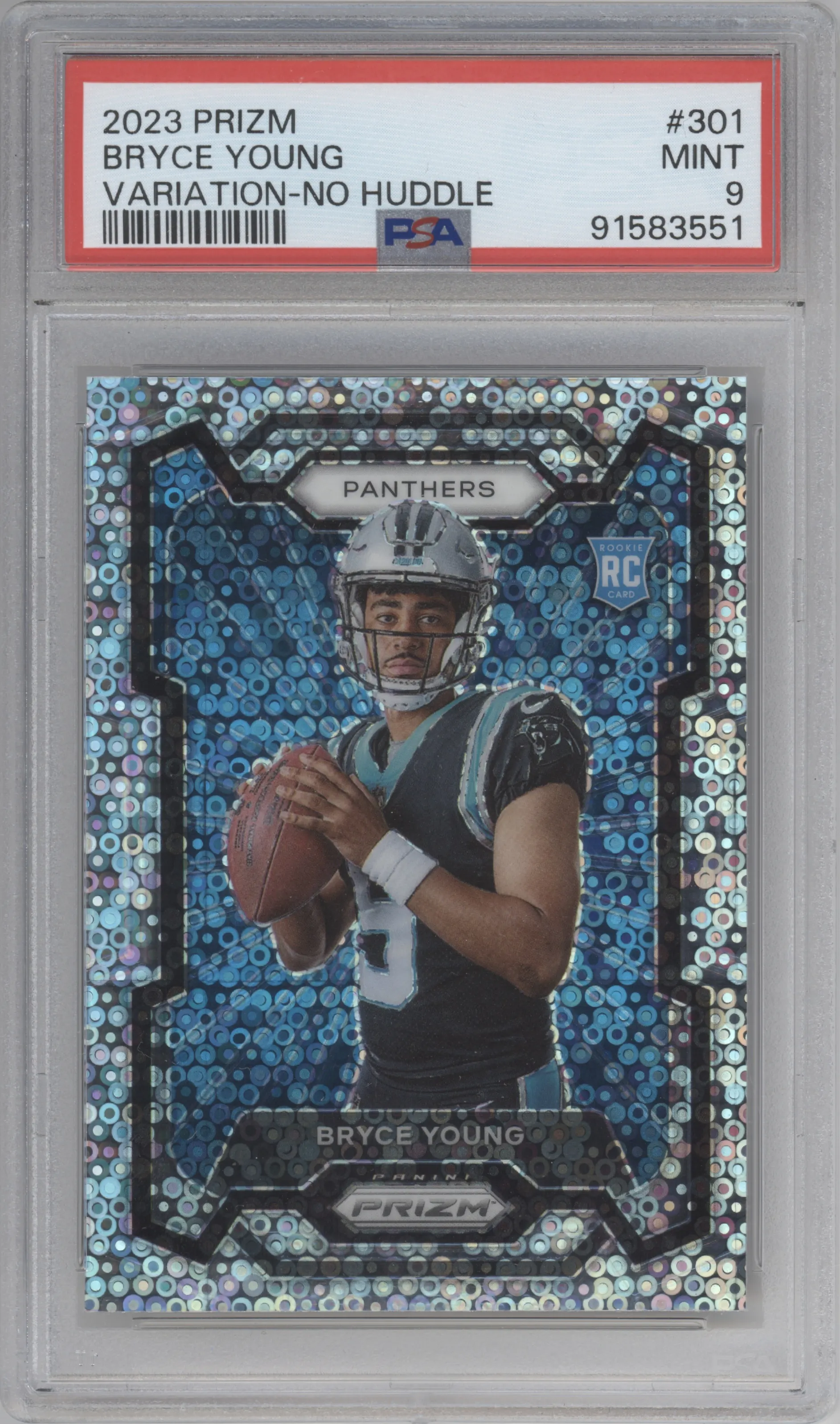 Bryce Young from the 2023 Panini Prizm set featuring a No Huddle parallel graded by PSA and given an overall grade of 9.